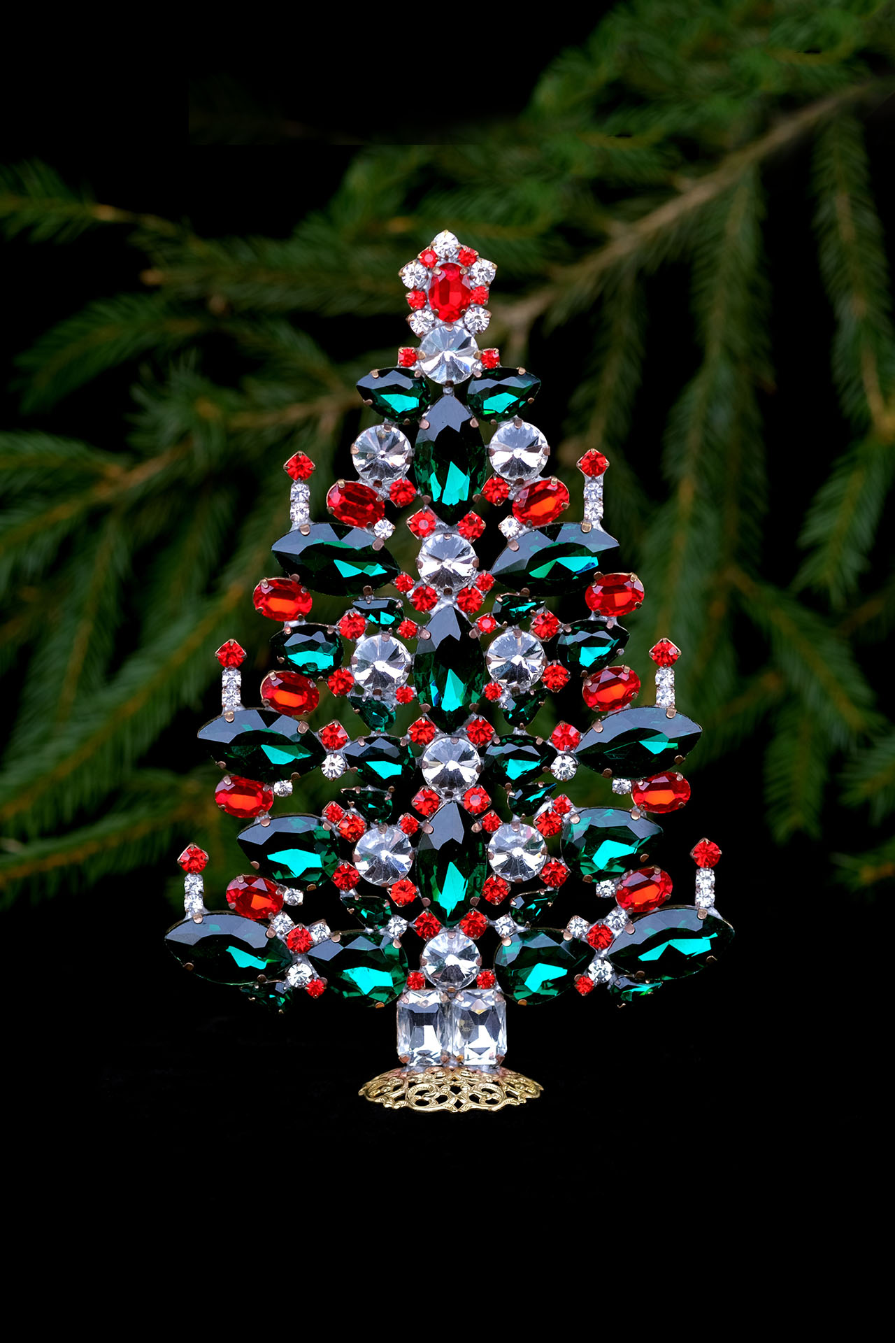 Table top Vintage Christmas tree - handmade with LT Siam and Emerald crystals