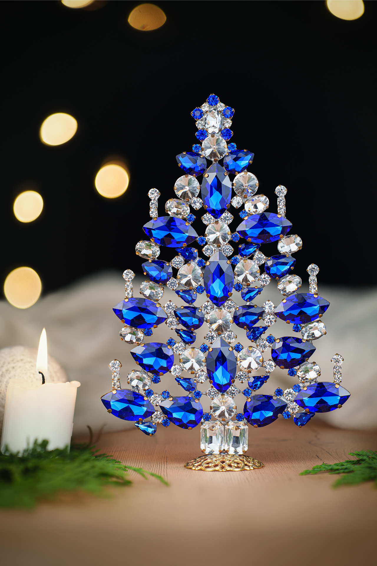 Decorated Christmas tree with Clear and Sapphire handcrafted Czech Christmas tree