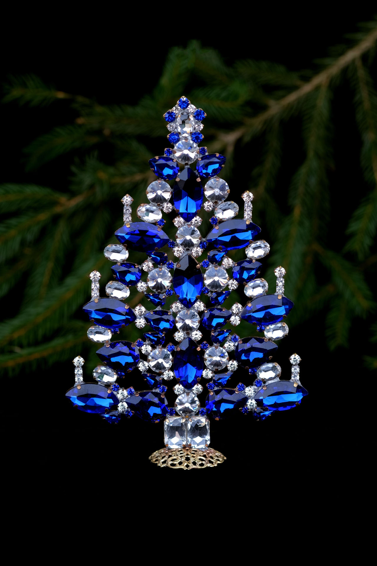 Decorated Christmas tree with Clear and Sapphire handcrafted Czech Christmas tree