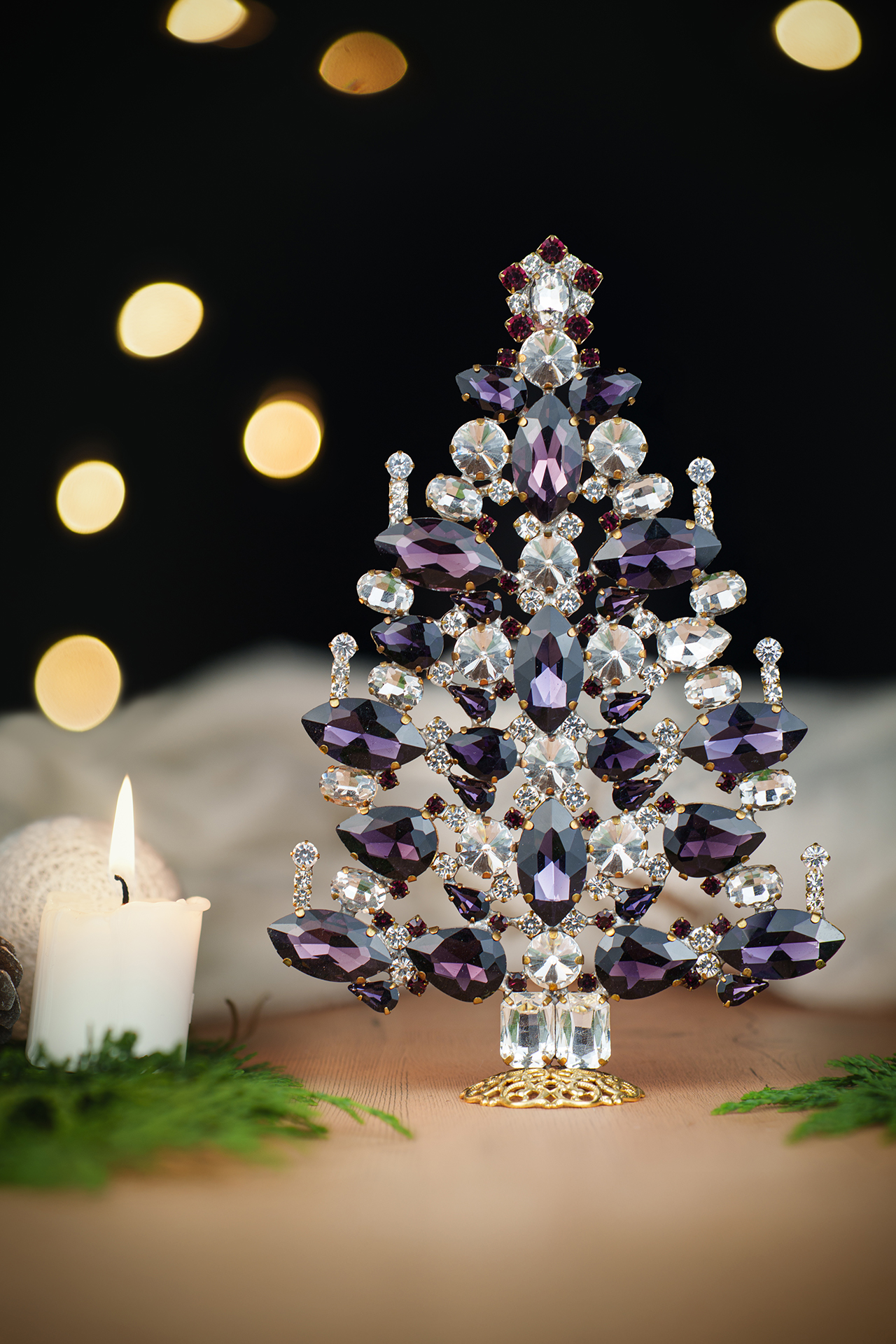 Tabletop Christmas tree - clear and black rhinestones - handmade Czech Christmas tree