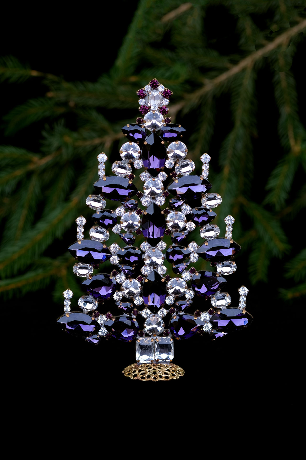 Tabletop Christmas tree - clear and black rhinestones - handmade Czech Christmas tree