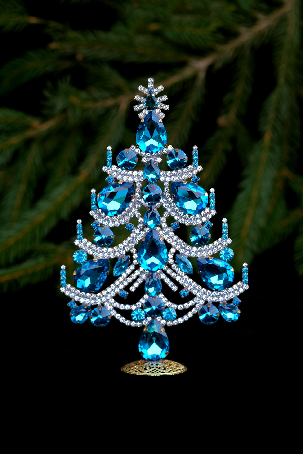 Charming Xmas tree - handcrafted and decorated with blue crystal