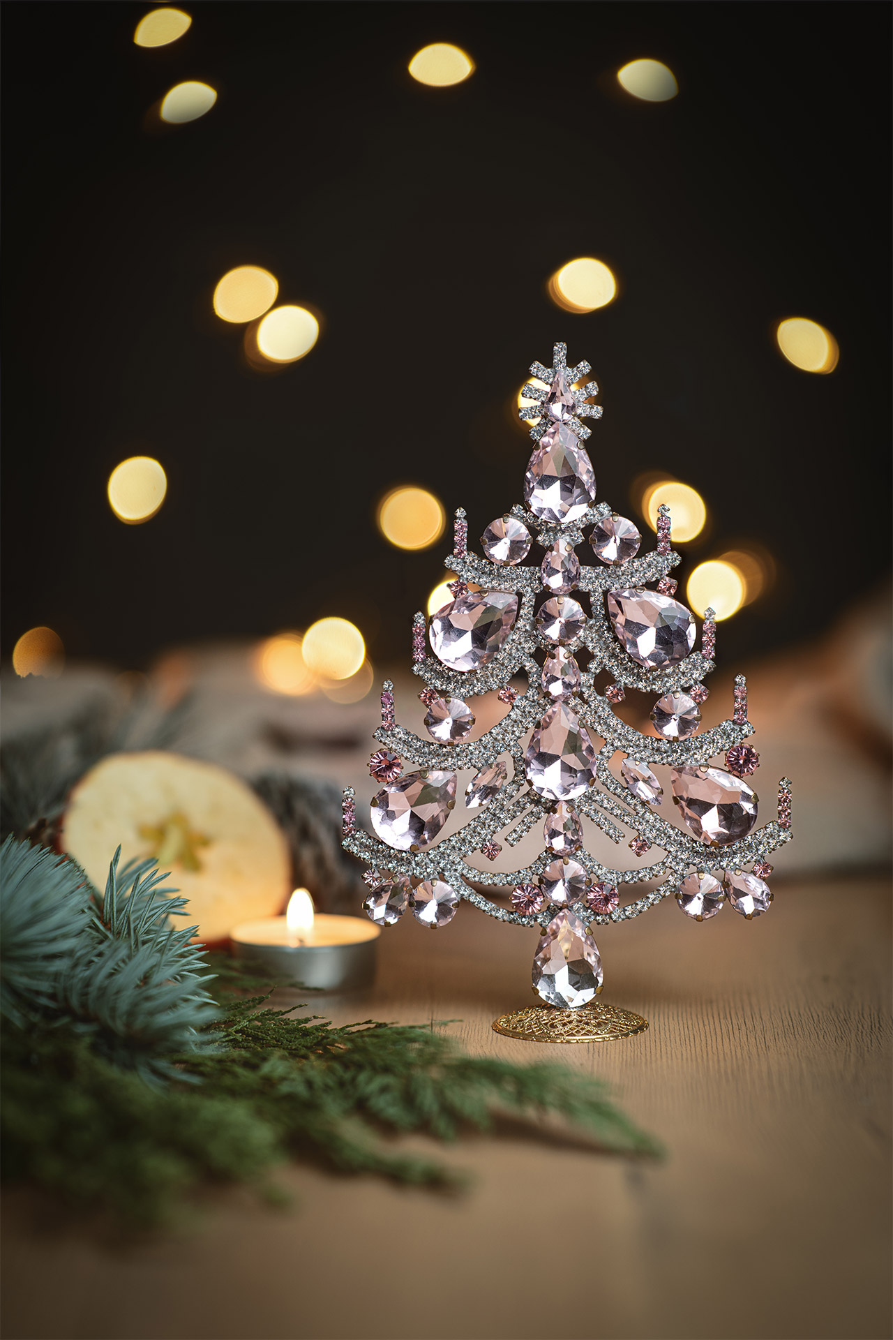 Charming handcrafted tabletop Xmas tree - with rosa rhinestone crystals