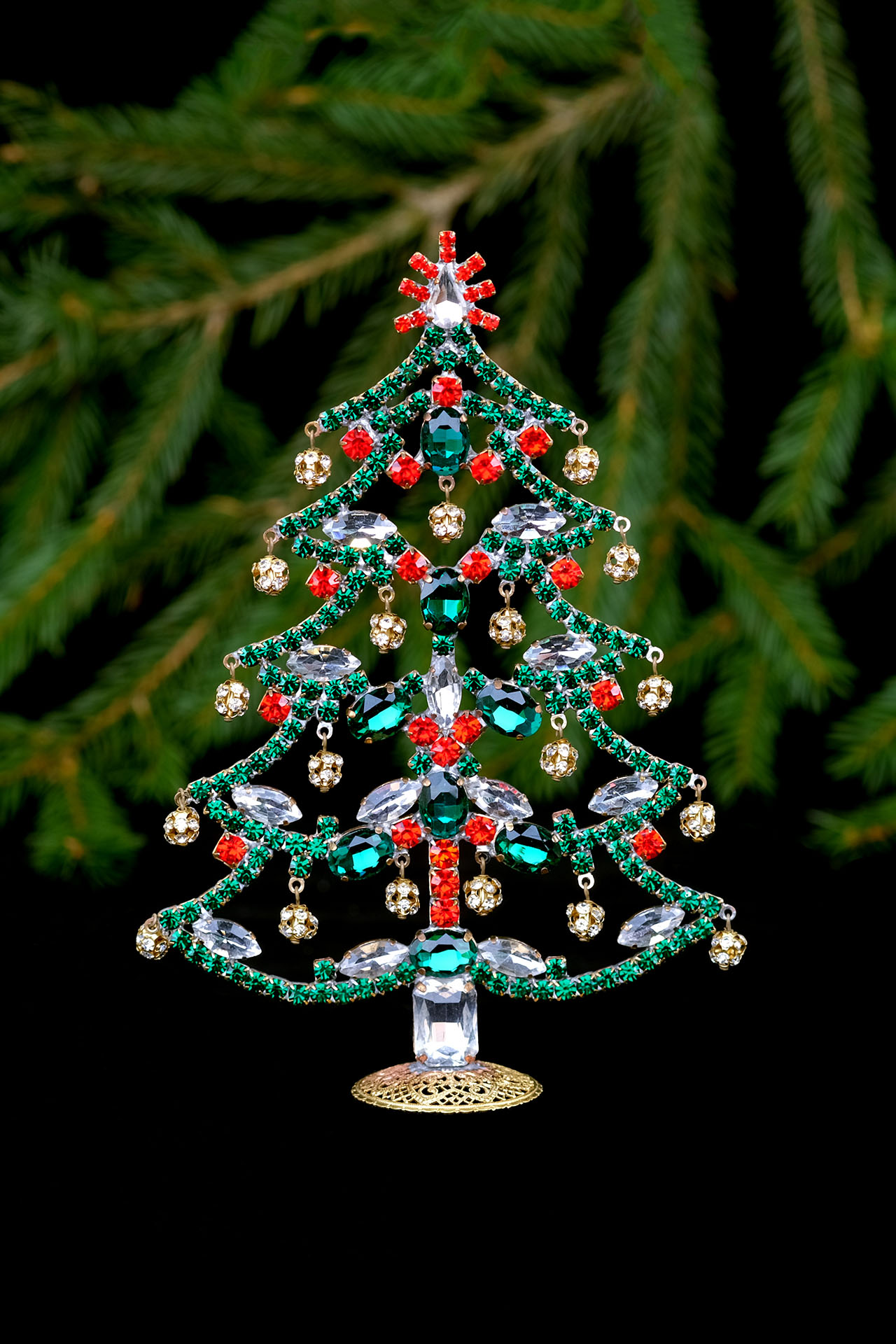 Czech handmade Christmas tree - tabletop Christmas decoration with colored rhinestones
