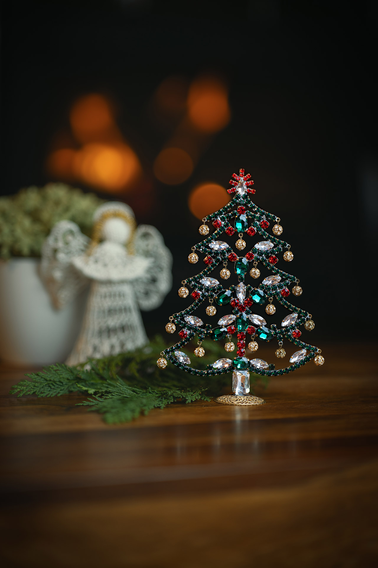 Czech handmade Christmas tree - tabletop Christmas decoration with colored rhinestones