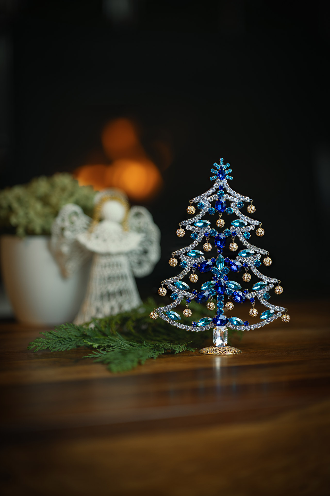 Tabeltop Christmas tree - handmade with blue rhinestones