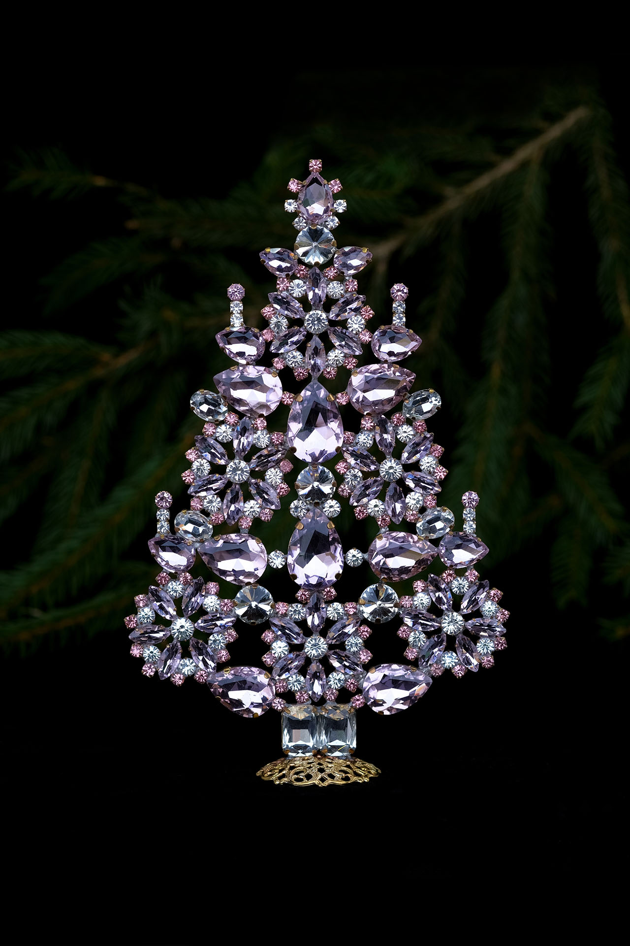 Handcrafted Christmas tree - with ornaments from pink crystals.