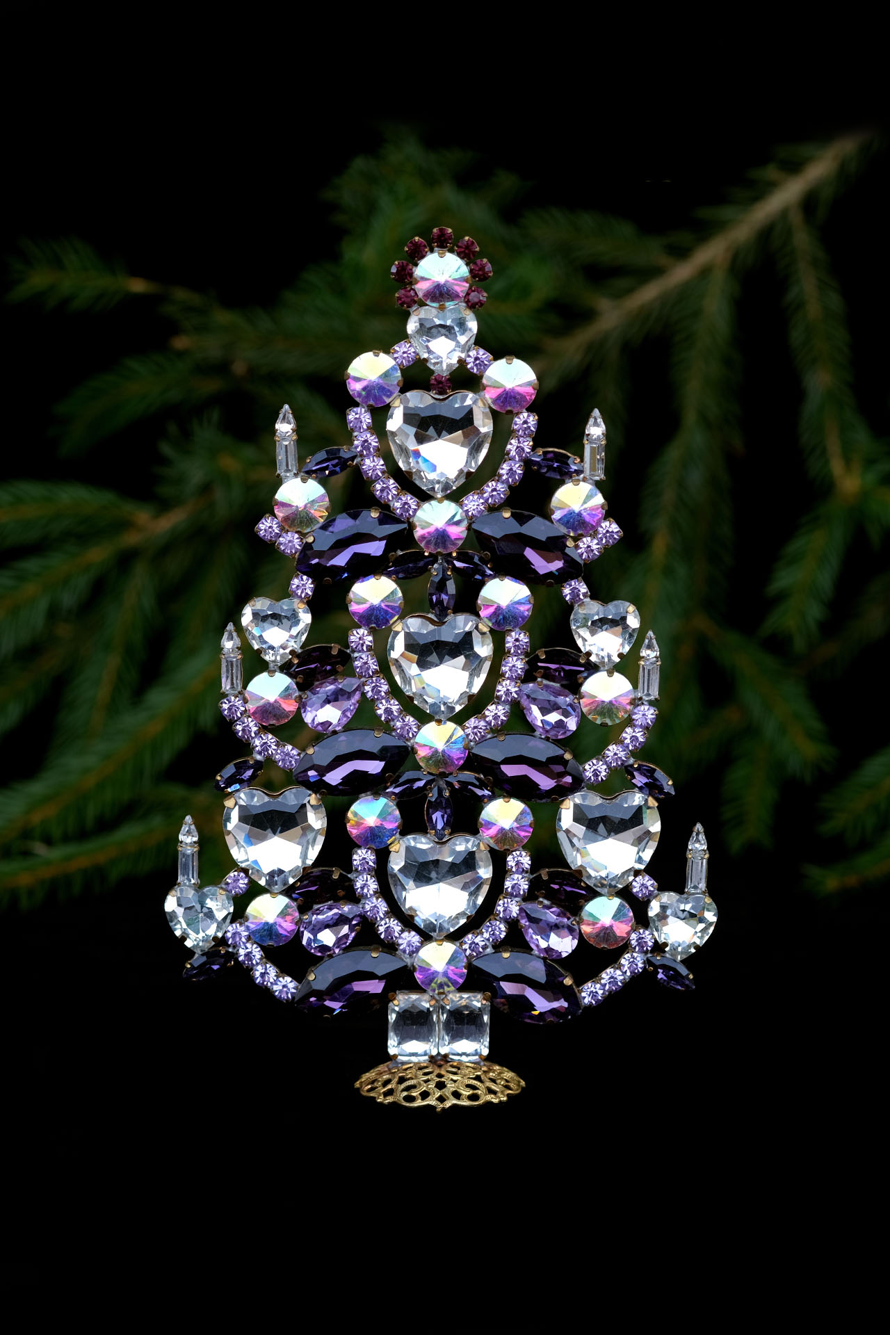 Christmas tree - handcrafted tabletop decoration with clear and purple crystals