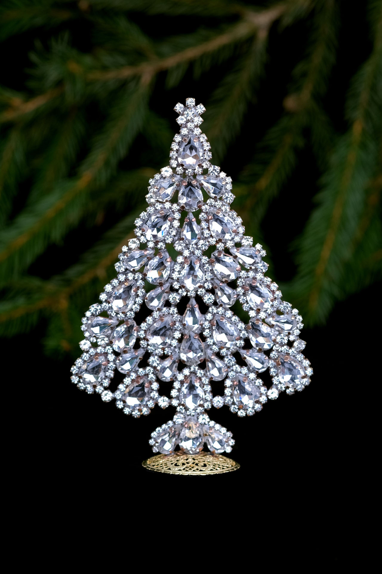 Vintage Christmas tree -handcrafted tabletop decoration with clear crystals