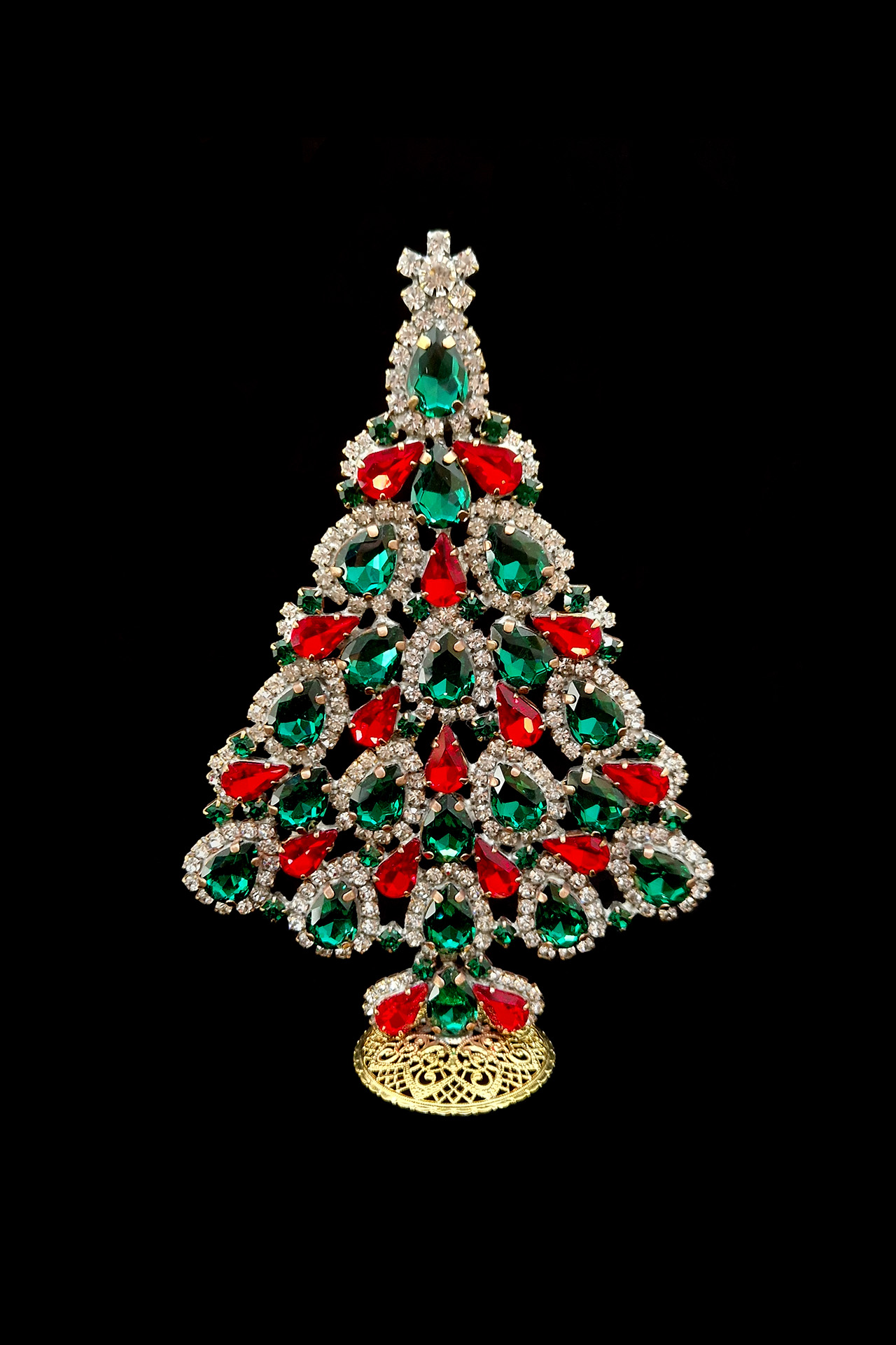 Vintage Christmas tree -handcrafted tabletop decorated with colored crystals