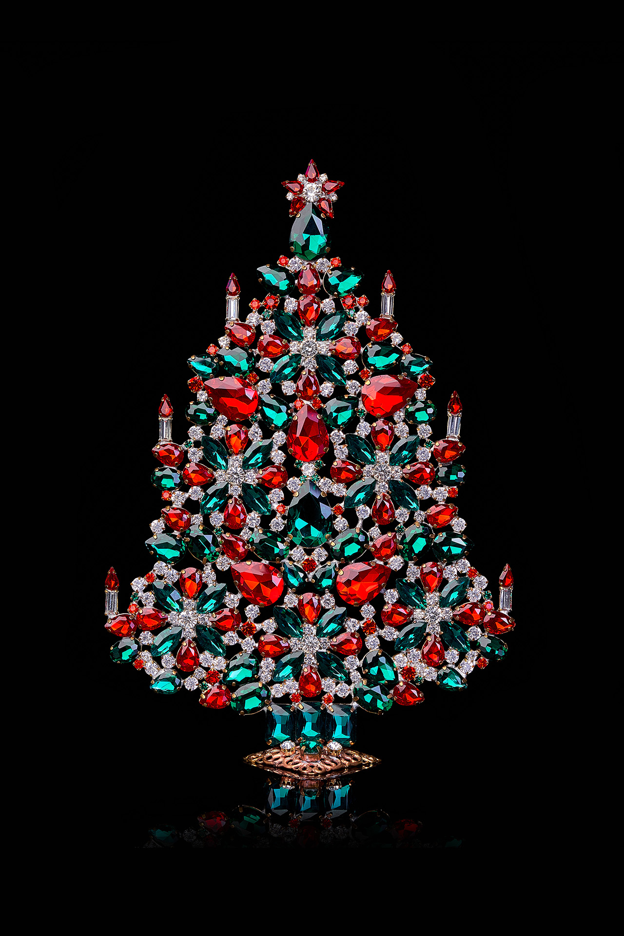 Handcrafted Christmas tree from green, red and clear rhinestones