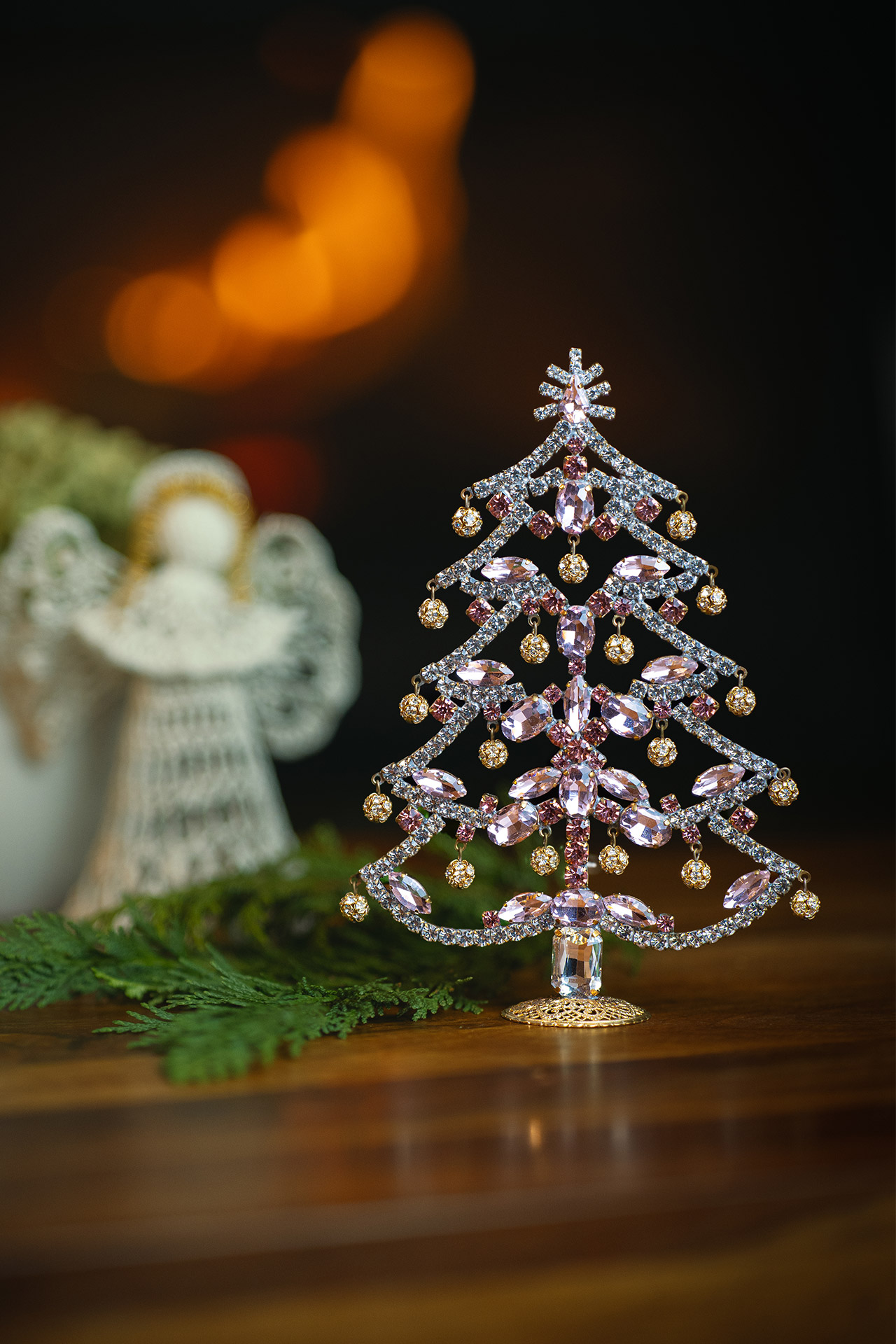 Crystalline Christmas tree decorated from pink rhinestones