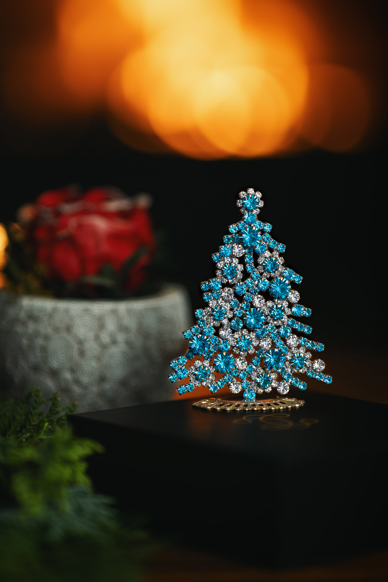 Luminous Christmas tree handmade with aqua blue rhinestones