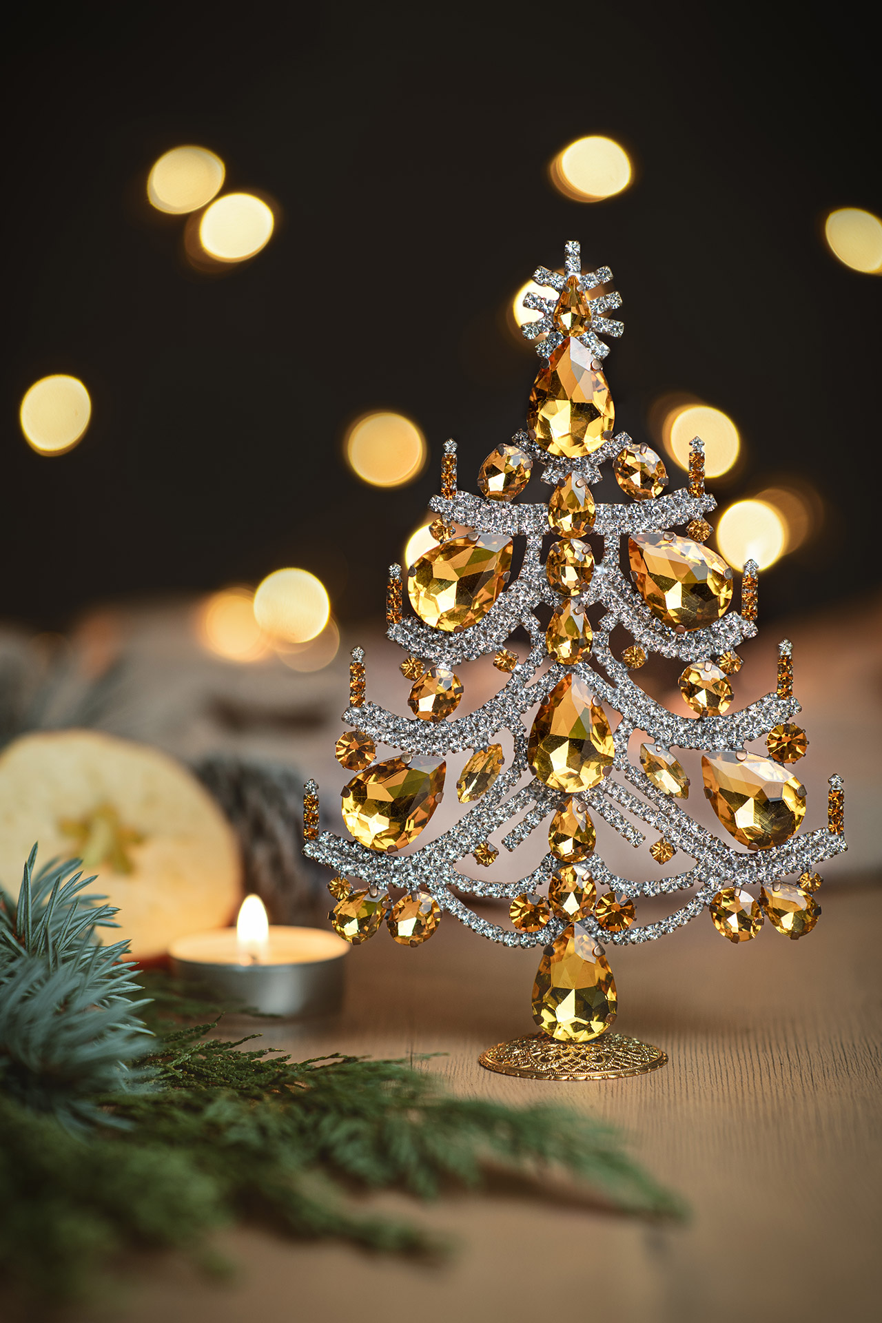 Charming Christmas tree handcrafted with yellow rhinestones