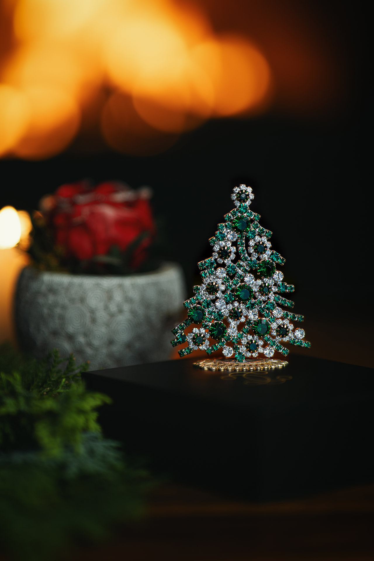 Luminous Christmas tree handmade with emerald green rhinestones