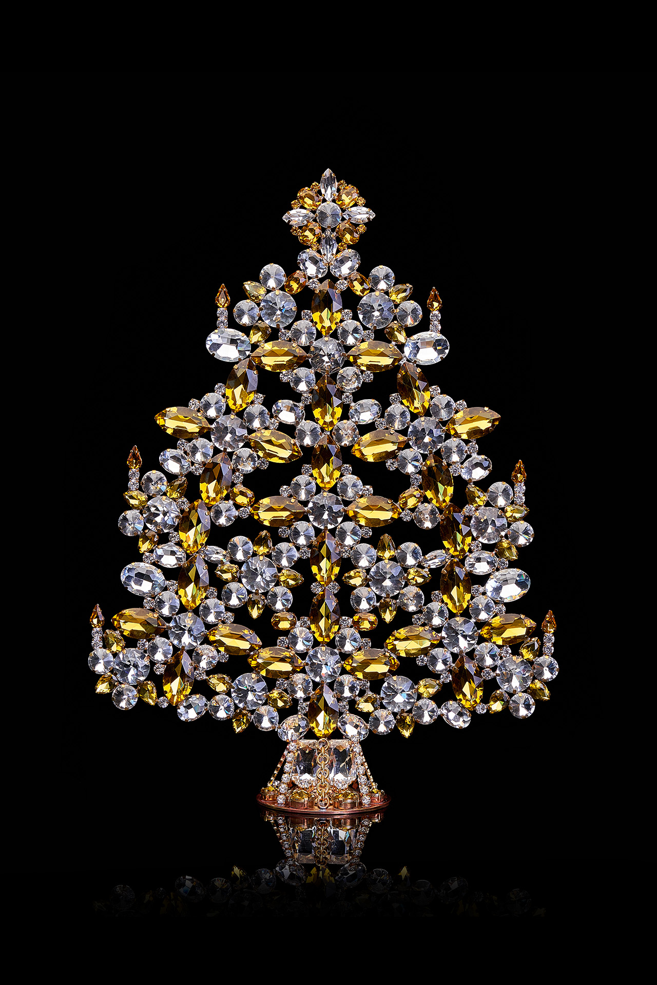 Vintage Czech tabletop Christmas tree - with yellow ornaments