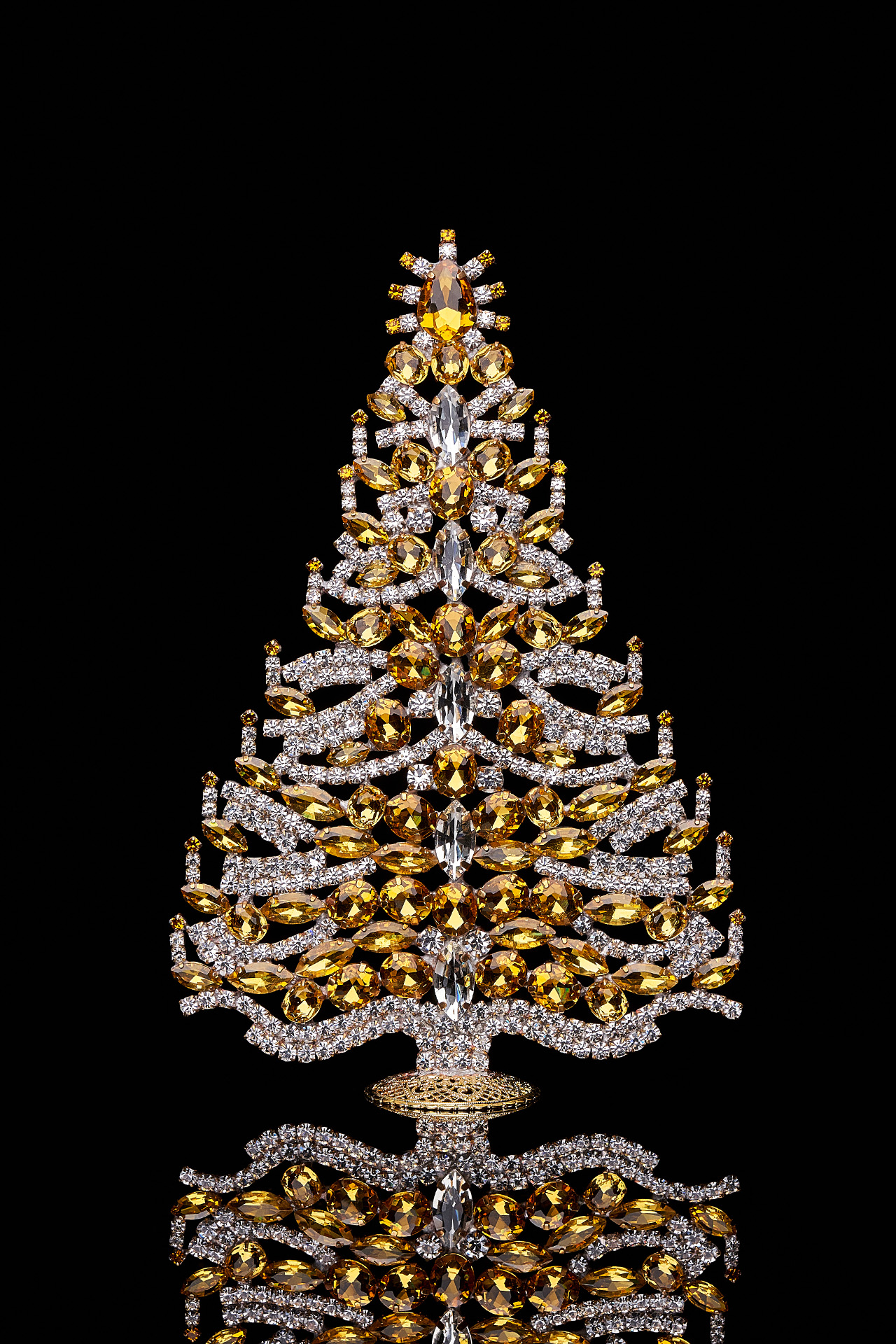 Handmade tabletop Christmas tree with yellow rhinestones