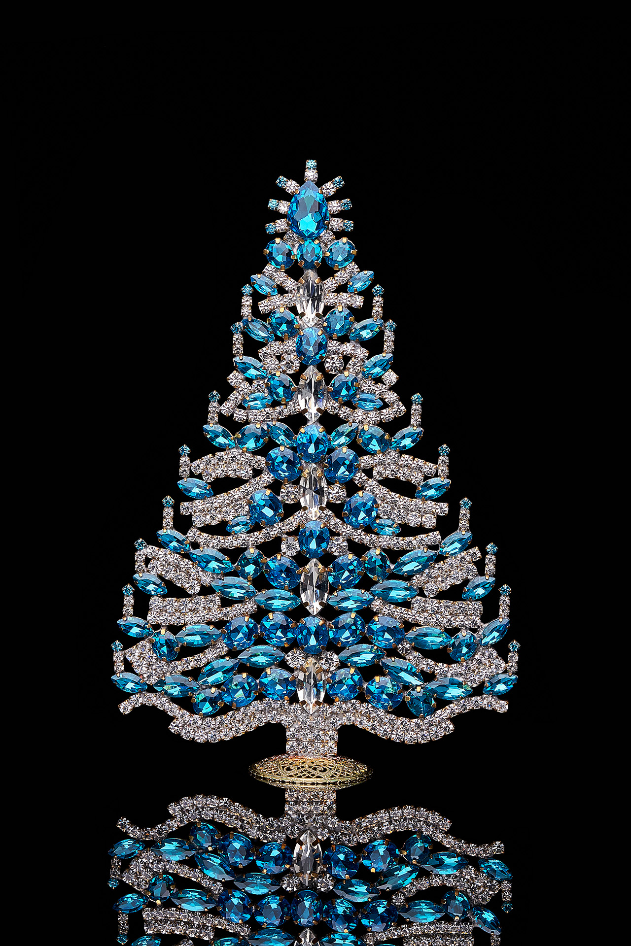 Handmade tabletop Christmas tree with aqua rhinestones