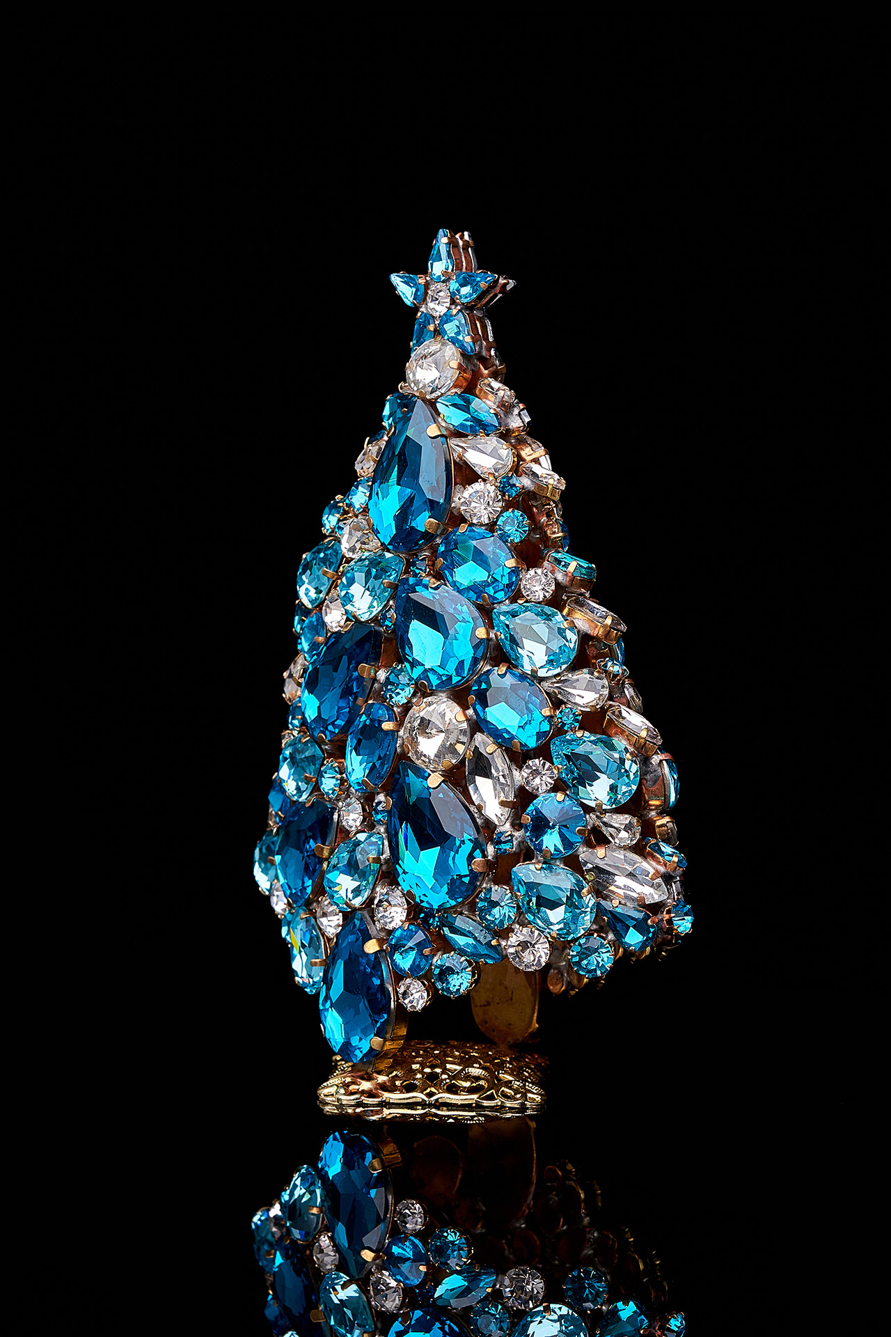 Czech handmade magical 3D Christmas tree in blue rhinestones