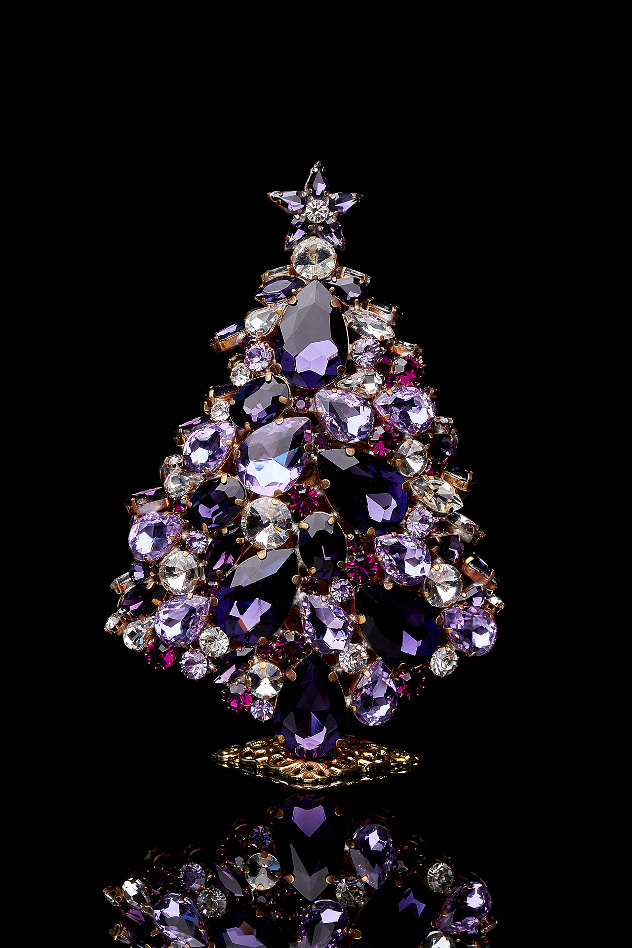 Czech handmade magical 3D Christmas tree from purple rhinestones