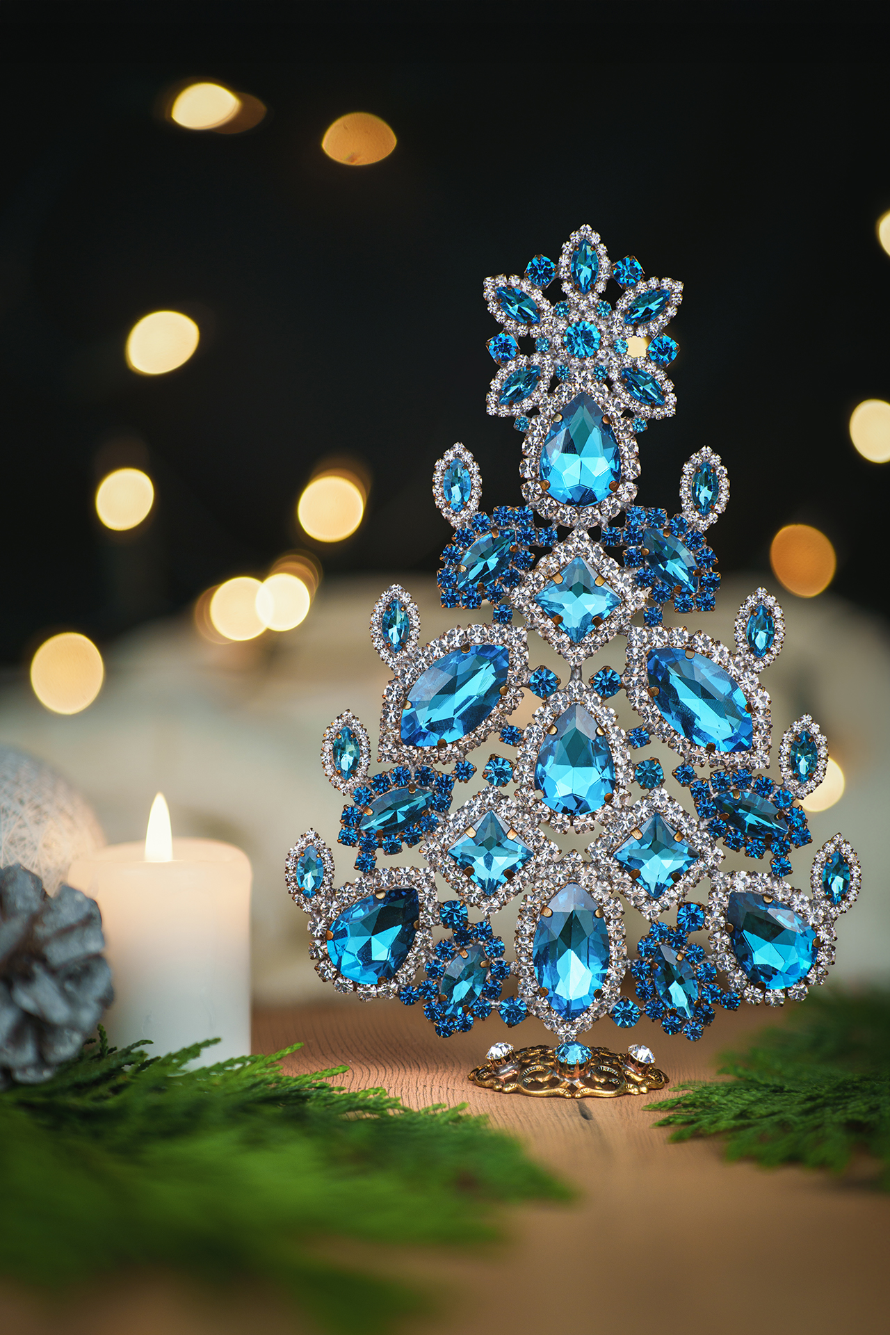 Vintage Christmas tree handcrafted with aqua rhinestones