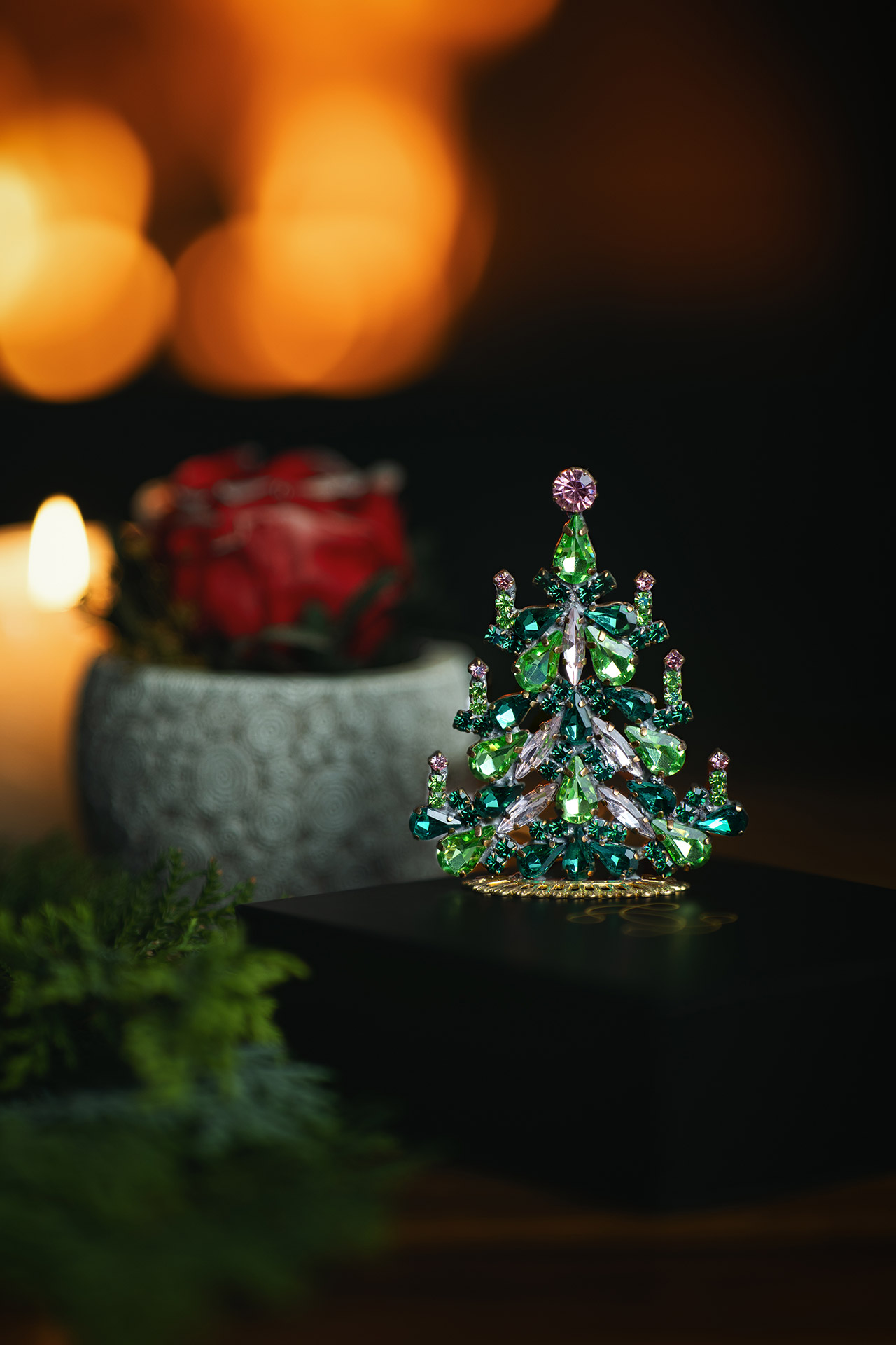 DecorateHandcrafted festive Christmas tree with green and pink crystalsd christmas tree with green rhinestones ornaments