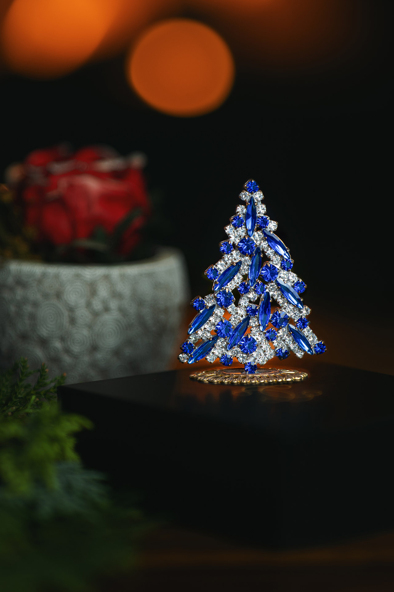 Magical tabletop Christmas tree handcrafted with blue rhinestones