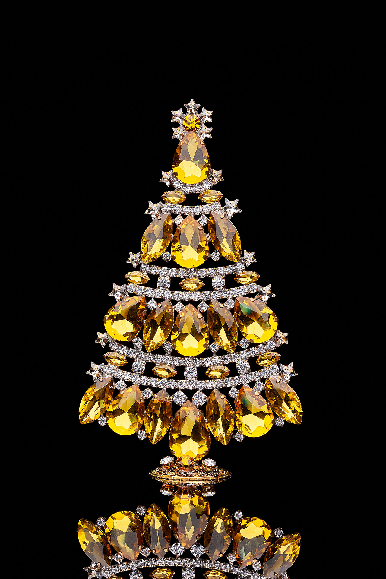 Tabletop Christmas tree handcrafted from yellow rhinestones