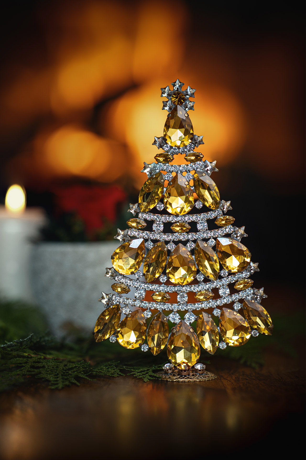 Tabletop Christmas tree handcrafted from yellow rhinestones