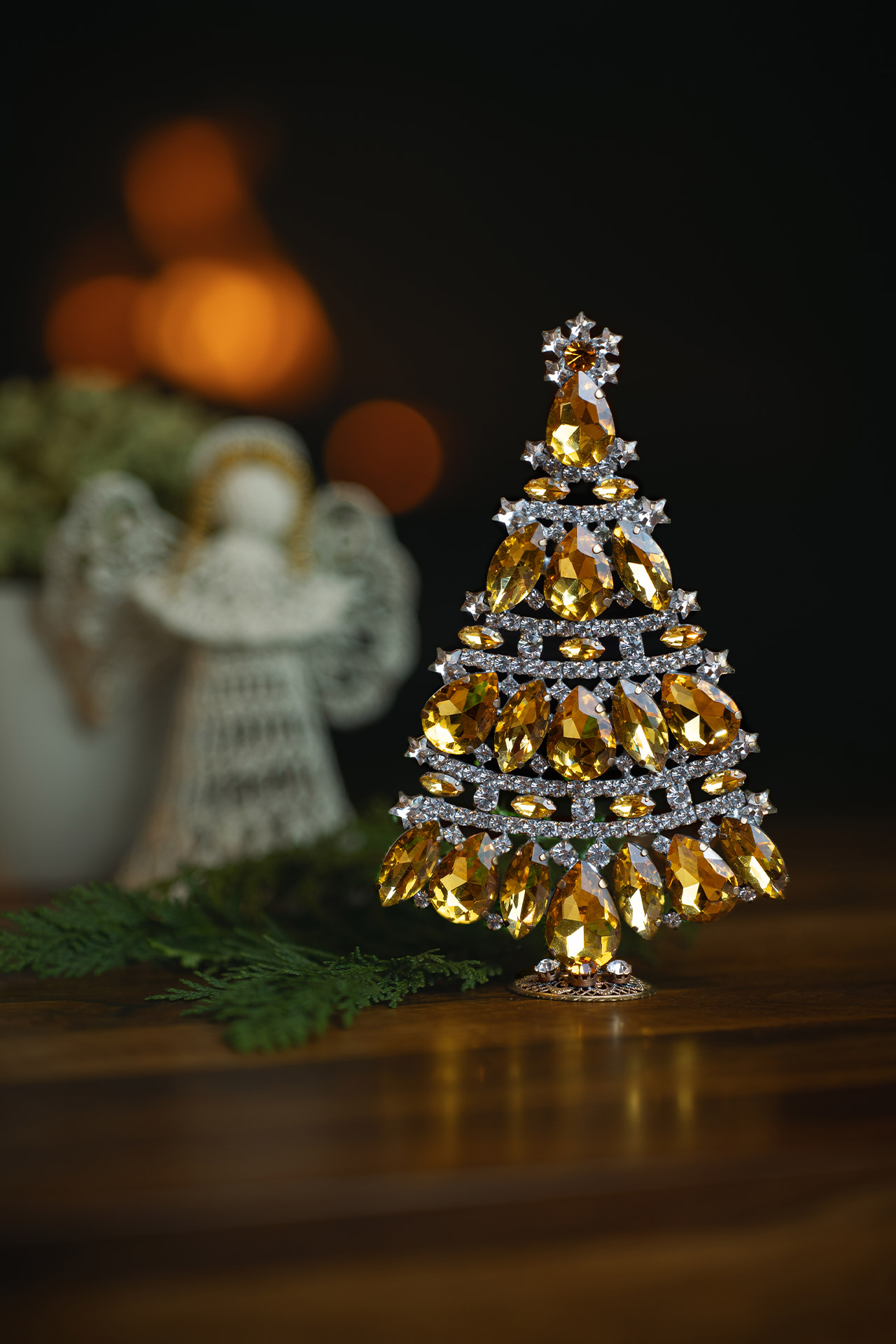 Tabletop Christmas tree handcrafted from yellow rhinestones