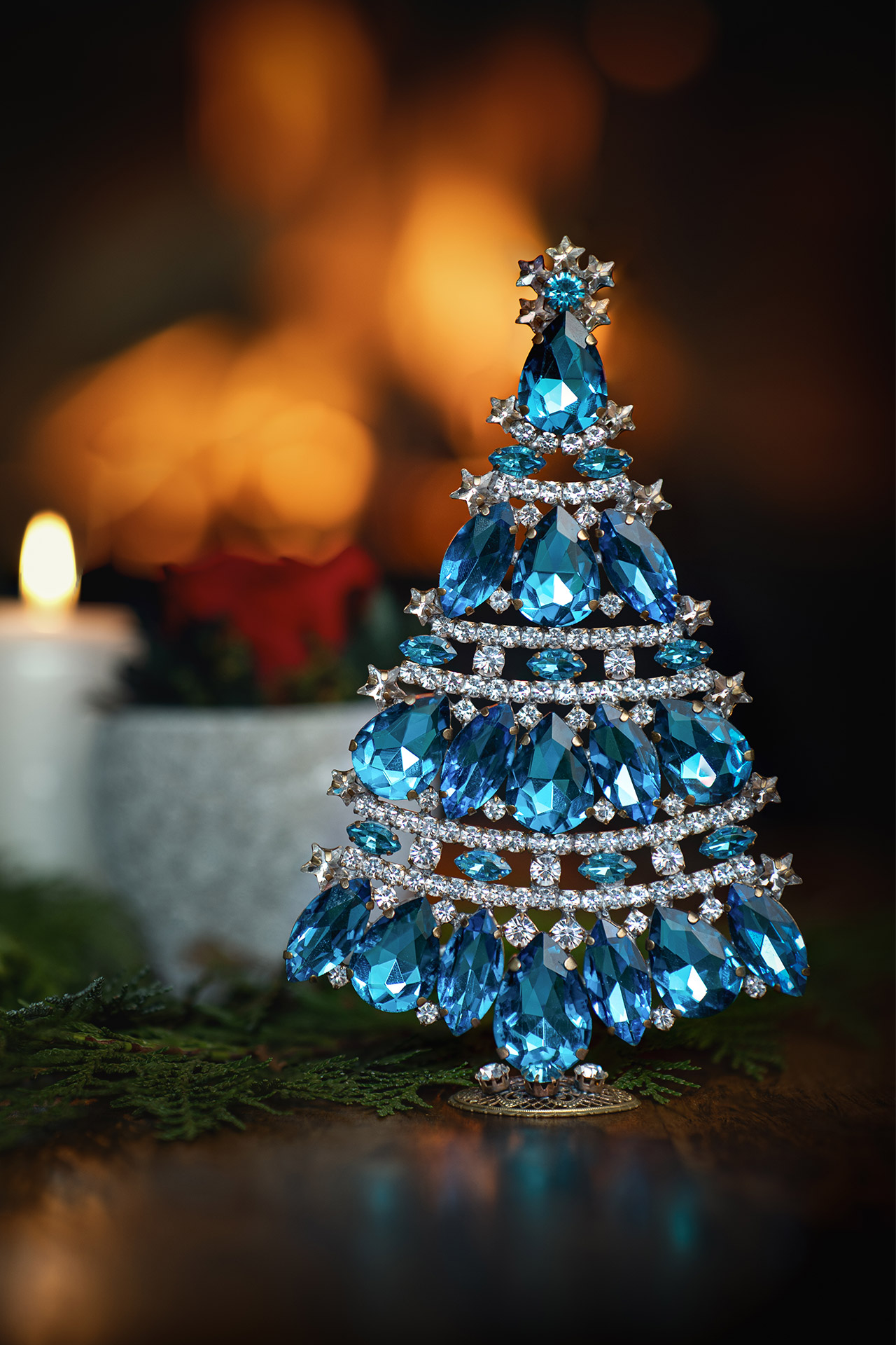 Tabletop Christmas tree handcrafted from aqua rhinestones