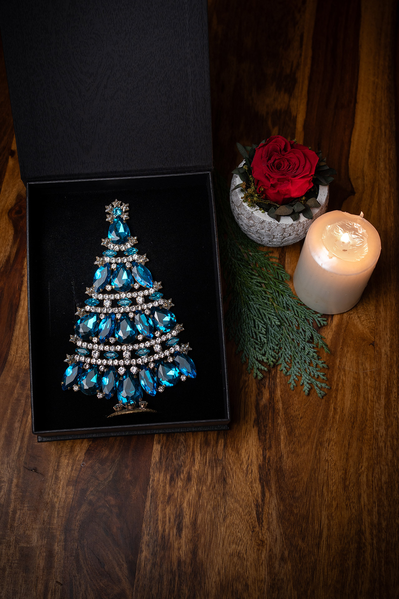 Tabletop Christmas tree handcrafted from aqua rhinestones