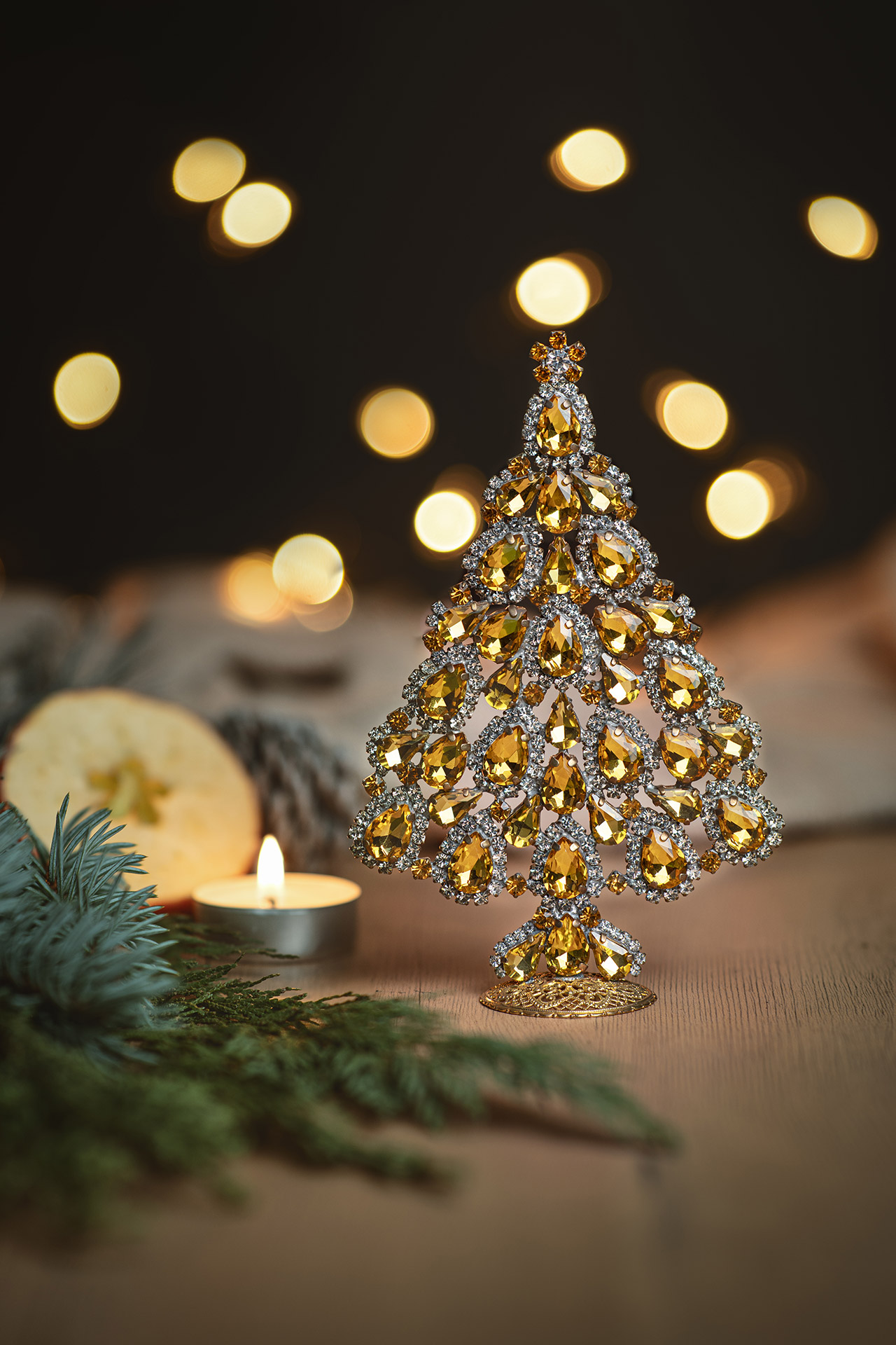Splendid handmade Czech Christmas tree - with yellow rhinestones