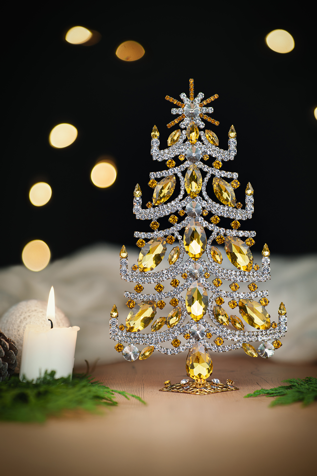 Bethlehem table top christmas tree, clear and yellow rhinestones