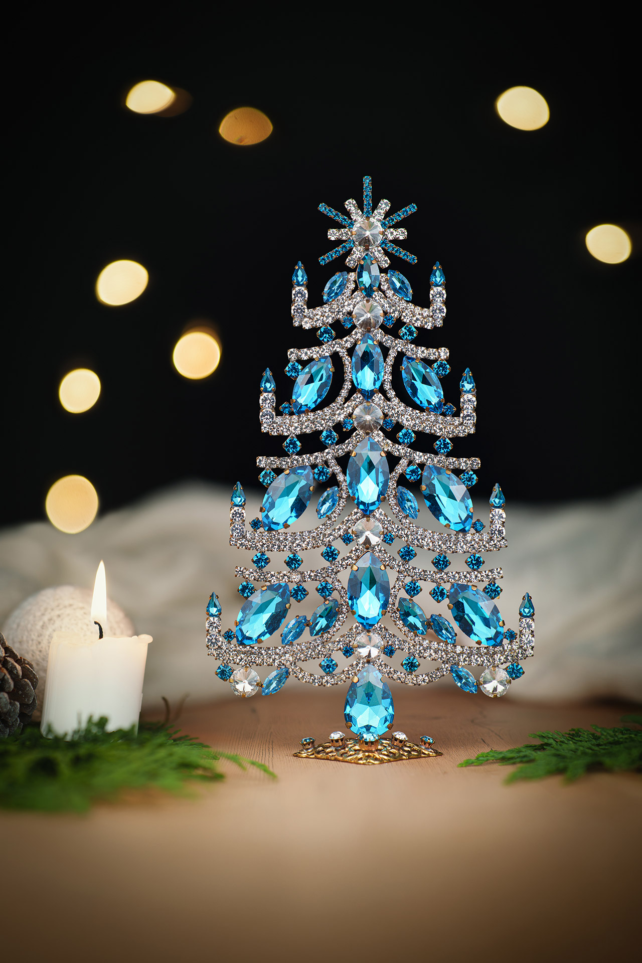 Bethlehem table top christmas tree, clear and aqua rhinestones