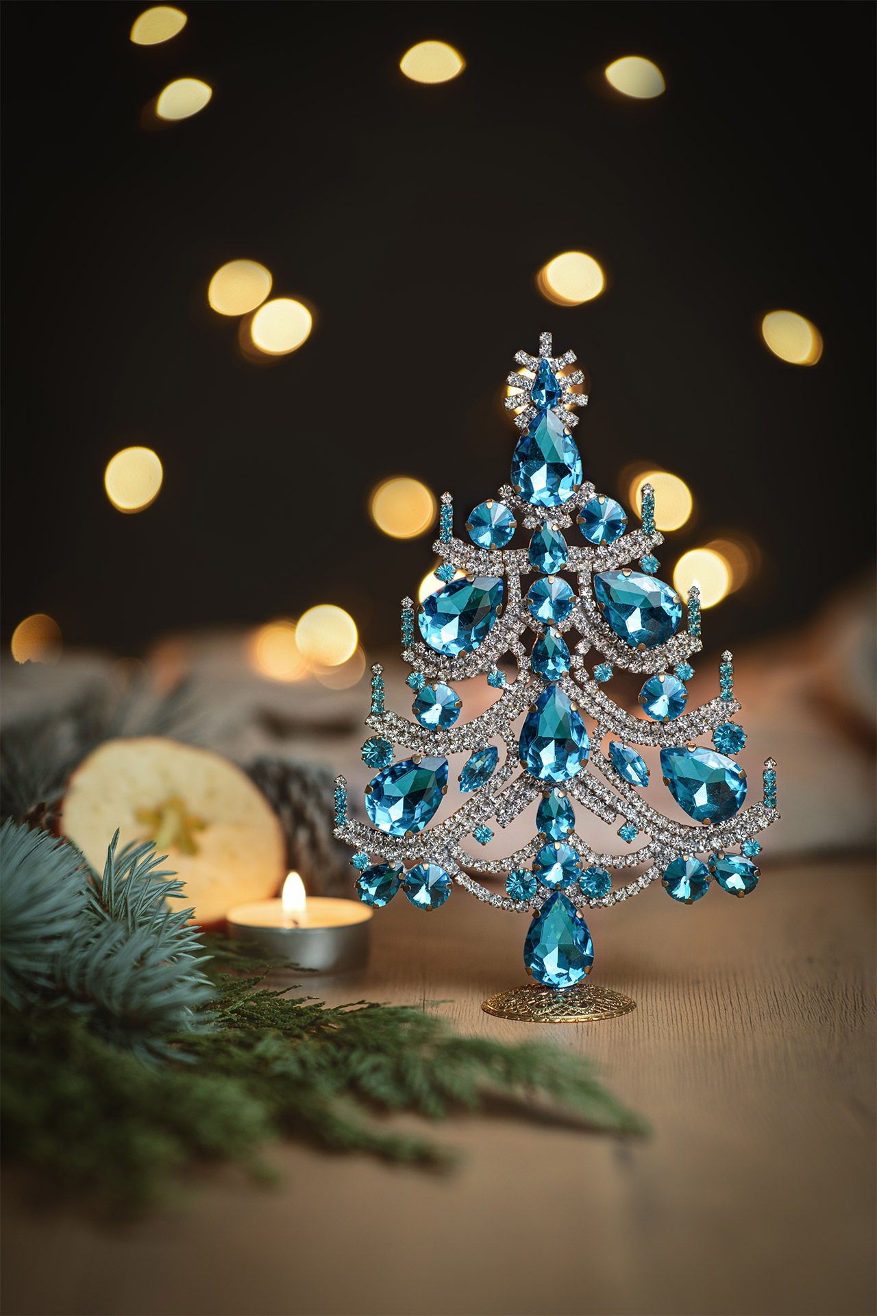 Charming handcrafted tabletop Xmas tree - with aqua rhinestone crystals