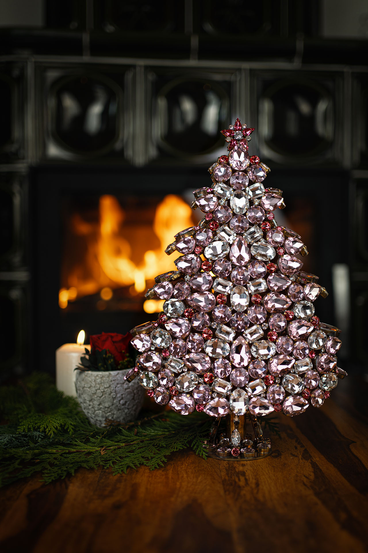 3D tabletop Christmas tree handcrafted with pink rhinestones