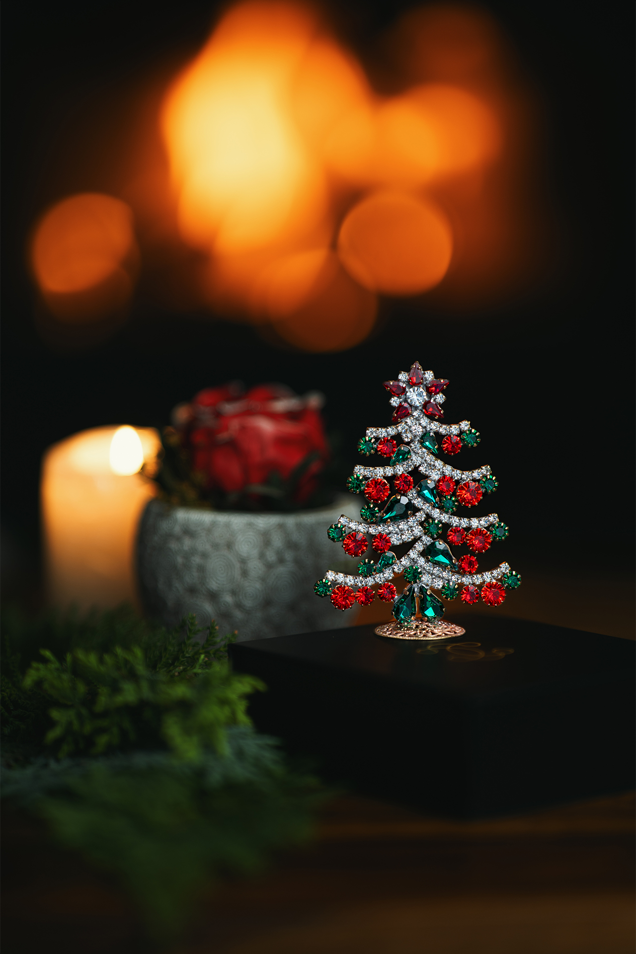Elegant sparkling crystal Christmas tree in festive colors