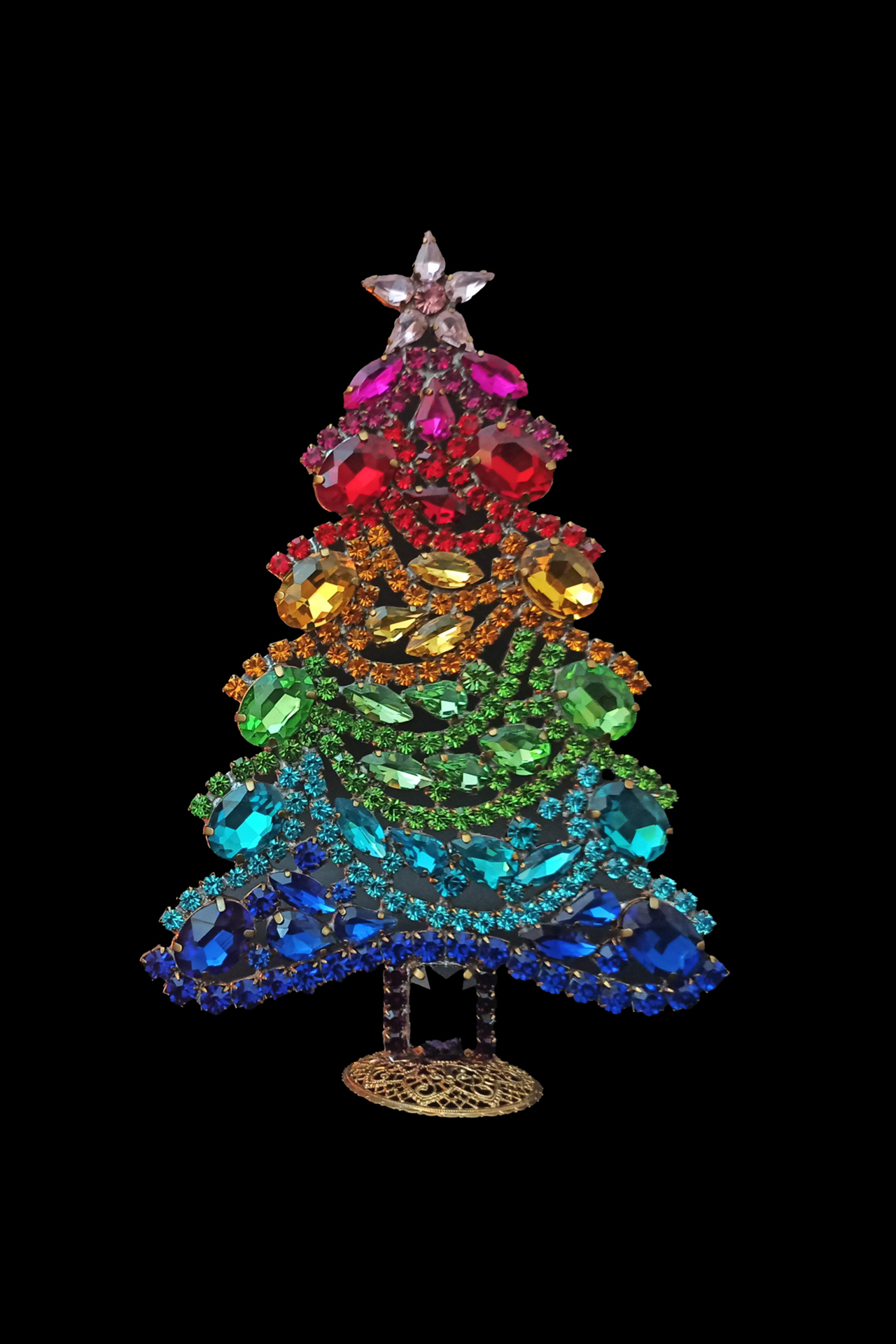 Rainbow rhinestone Christmas tree with vibrant multicolor crystals