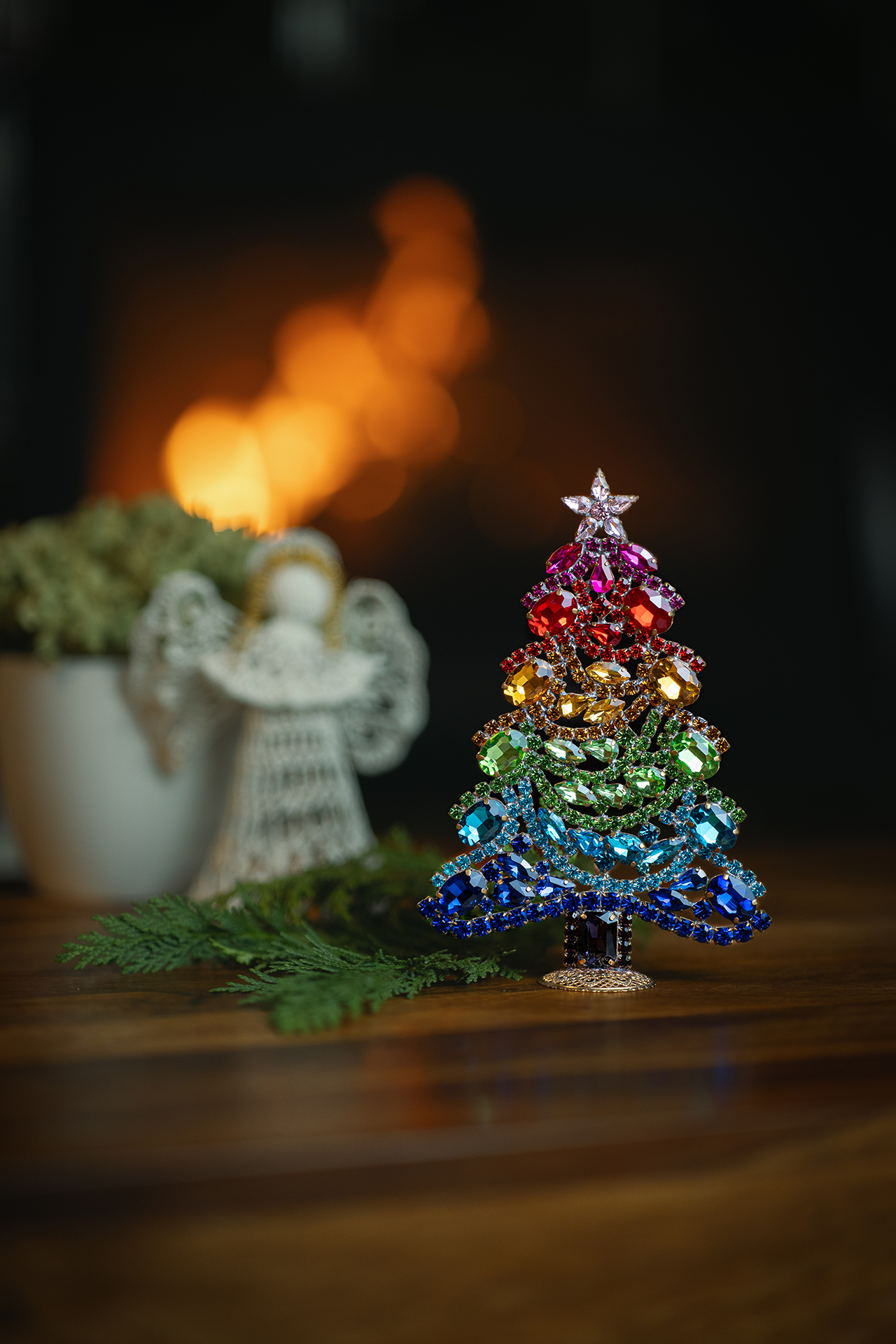 Rainbow rhinestone Christmas tree with vibrant multicolor crystals