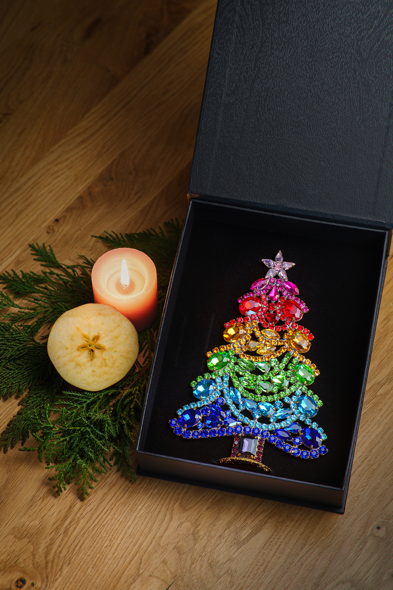 Rainbow rhinestone Christmas tree with vibrant multicolor crystals