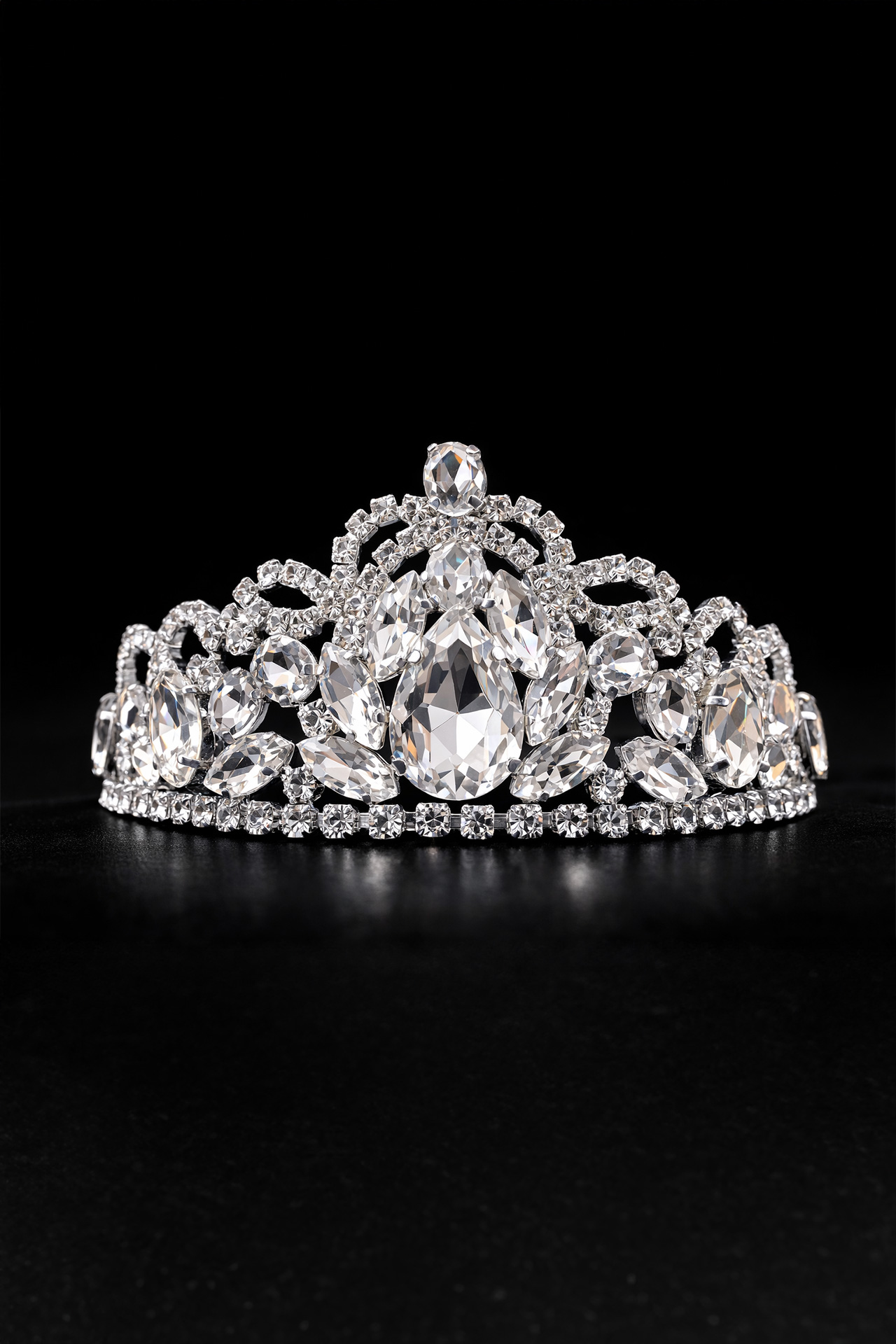 Silver tiara with a veil-like pattern of sparkling clear crystals and intricate handcrafted metalwork.