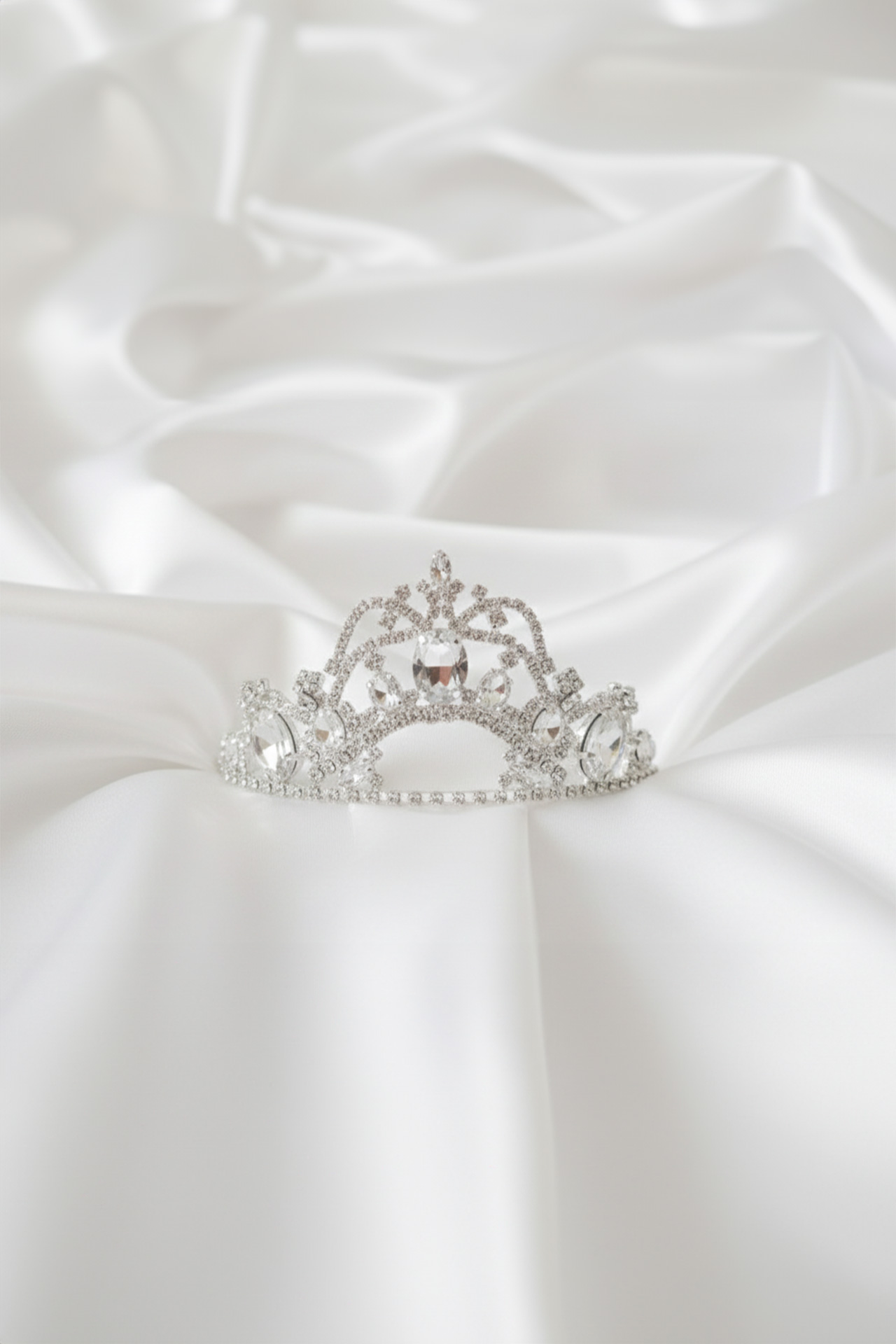 Silver crown tiara featuring a large central crystal surrounded by symmetrical patterns of smaller clear rhinestones.