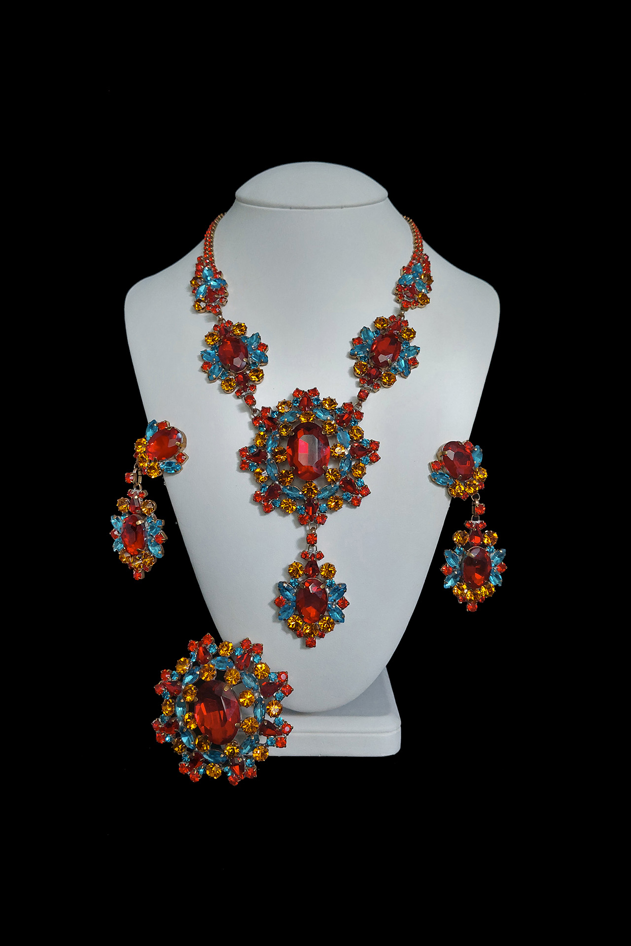 Handmade orange earrings and necklace set Aztec Sun