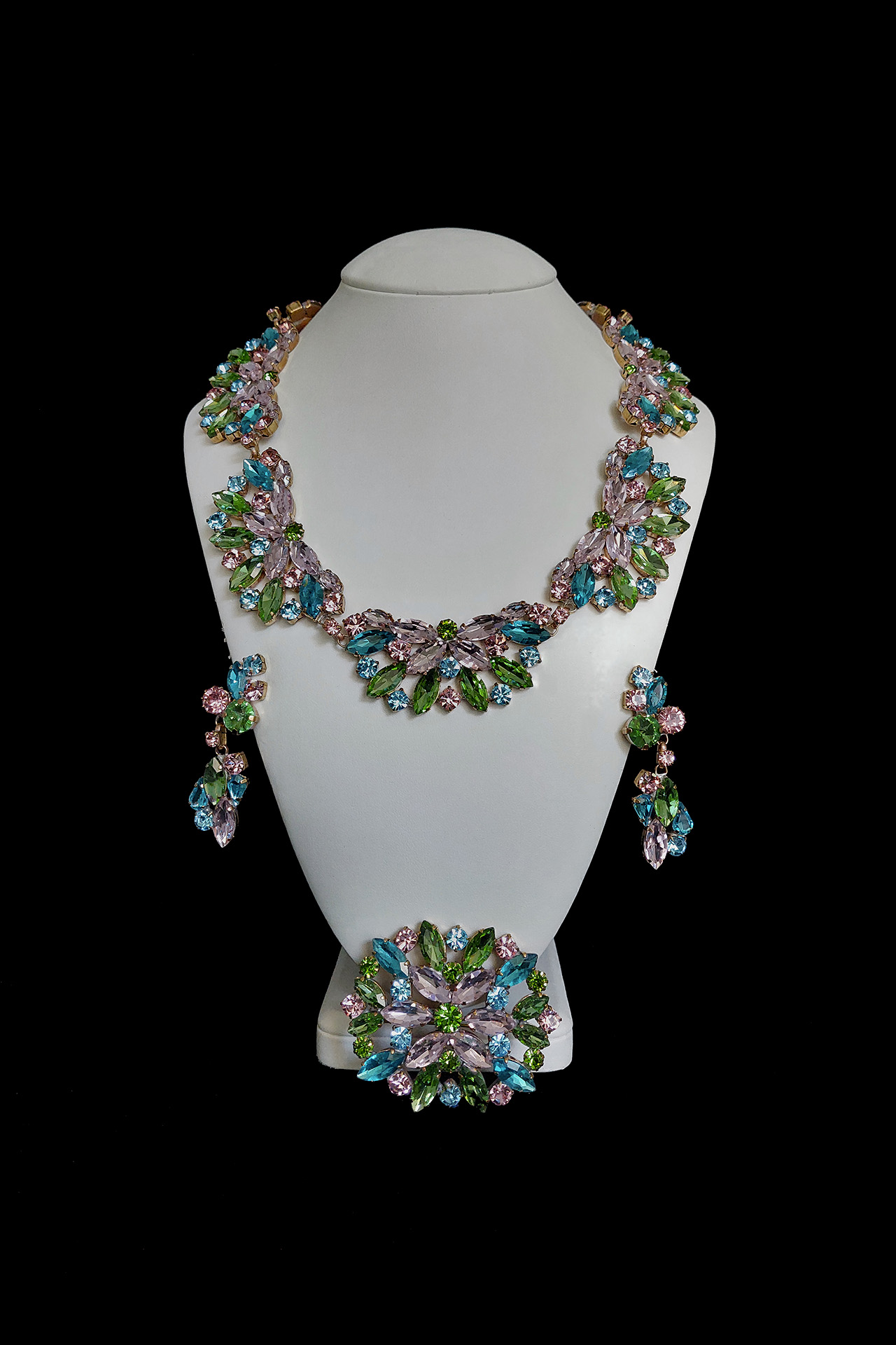 Handcrafted earrings and necklace set Fantaisie pink multicolor