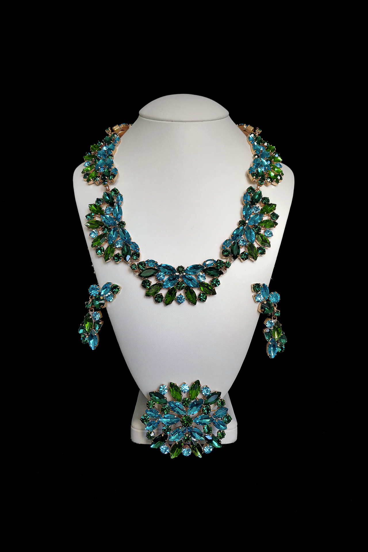 Handcrafted earrings and necklace set Fantaisie - green and aqua
