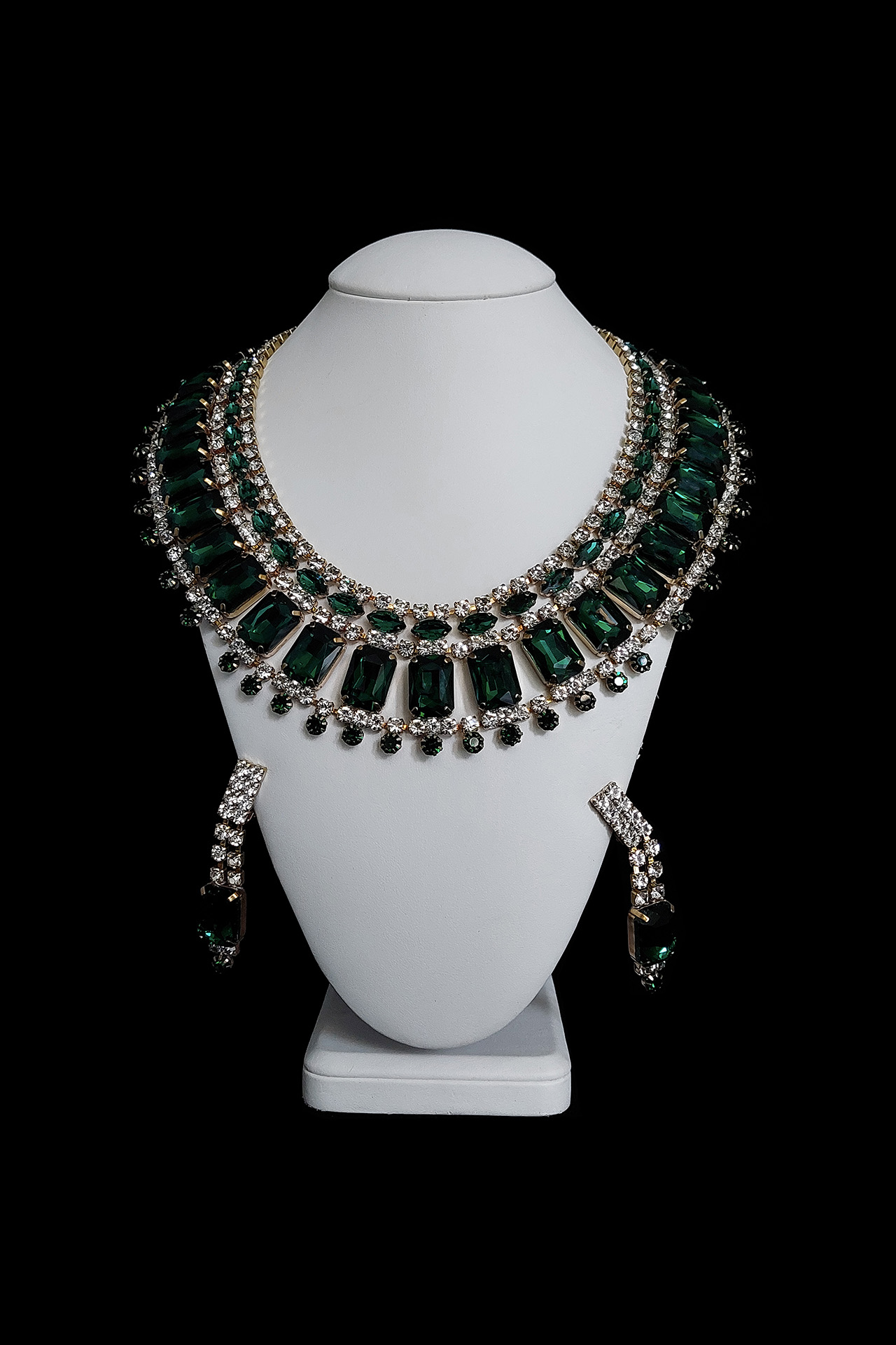 Handmade designer earrings and necklace set from green rhinestones