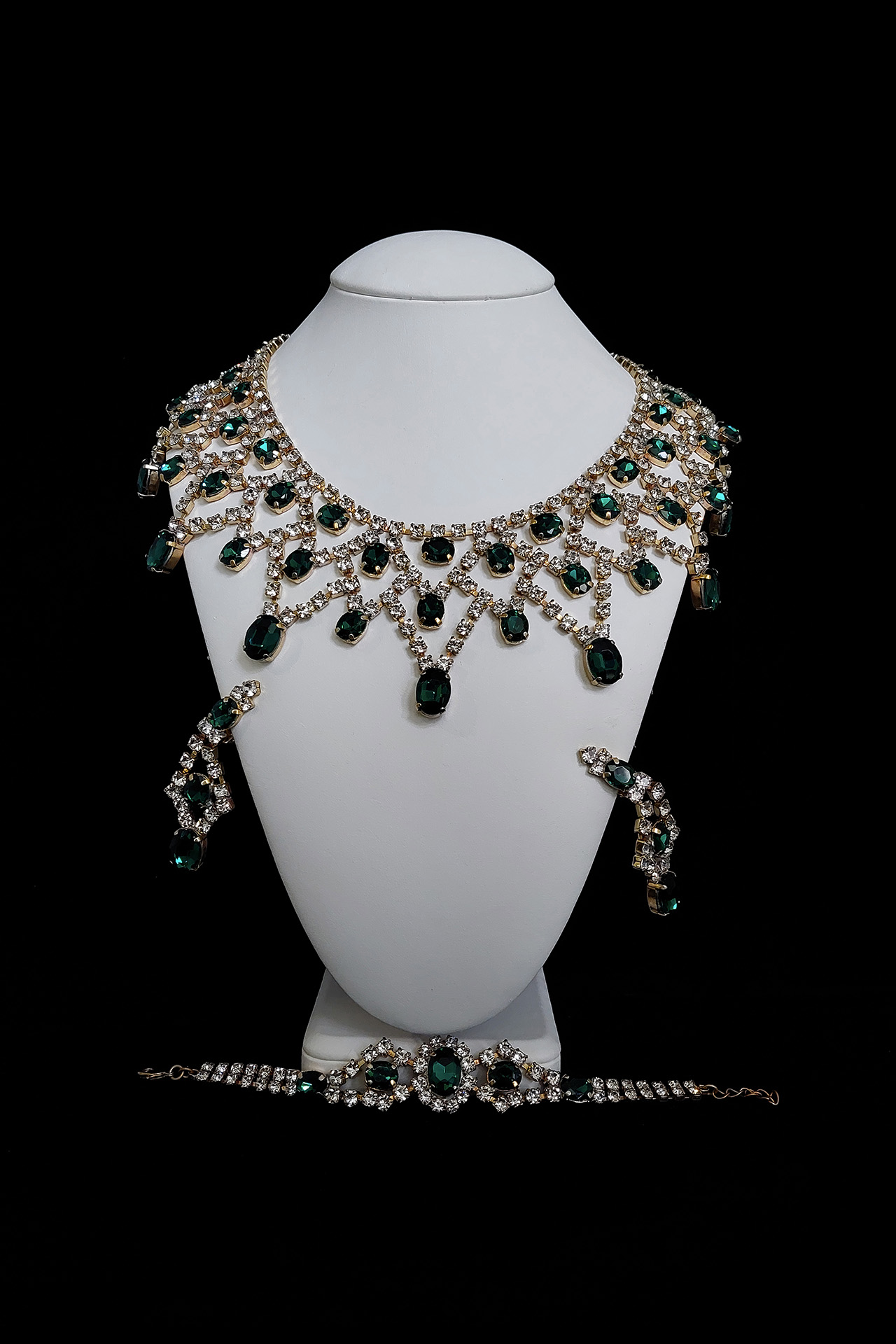 Emerald green luxury designer necklace, bracelet and earrings