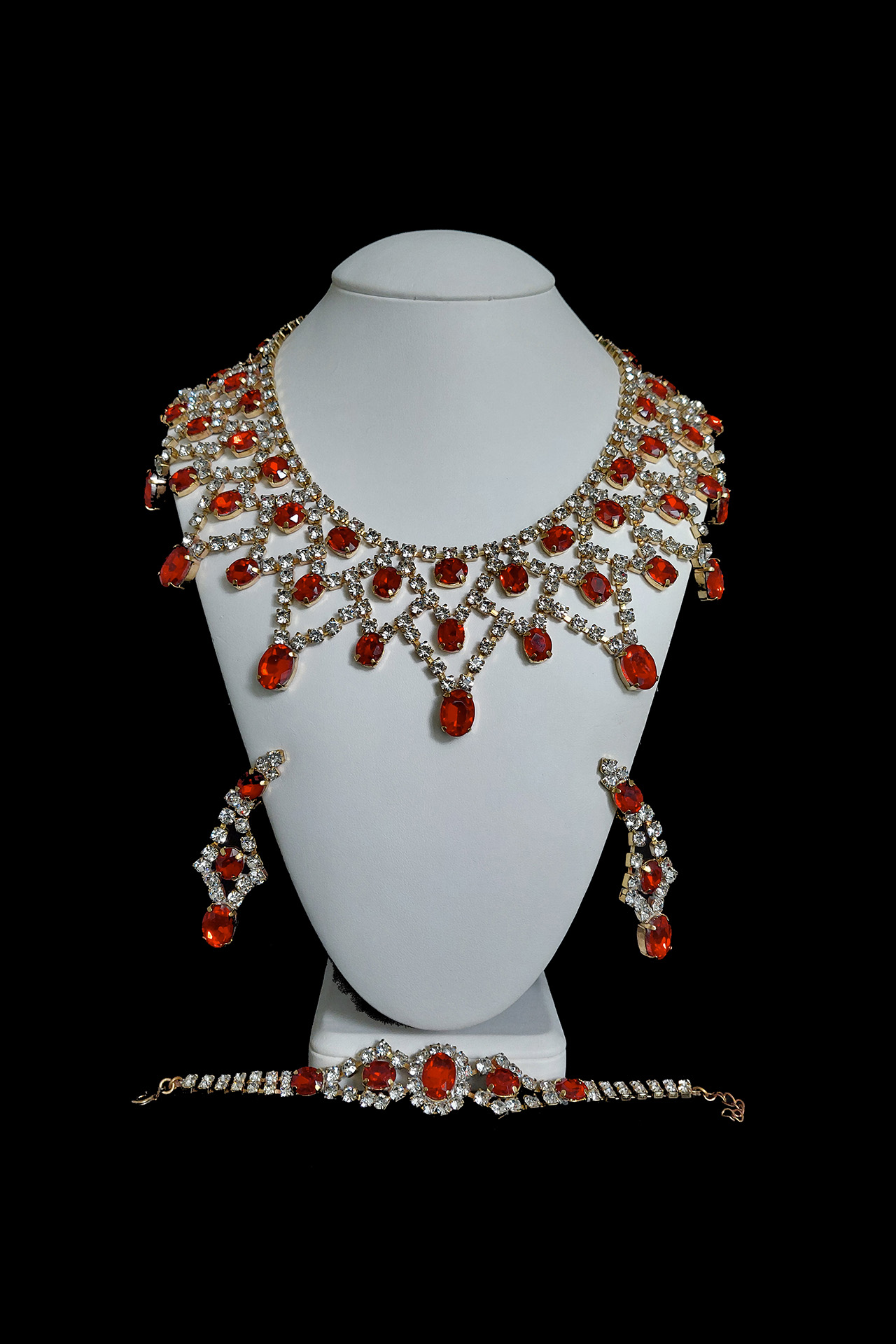 Red luxury designer necklace, bracelet and earrings