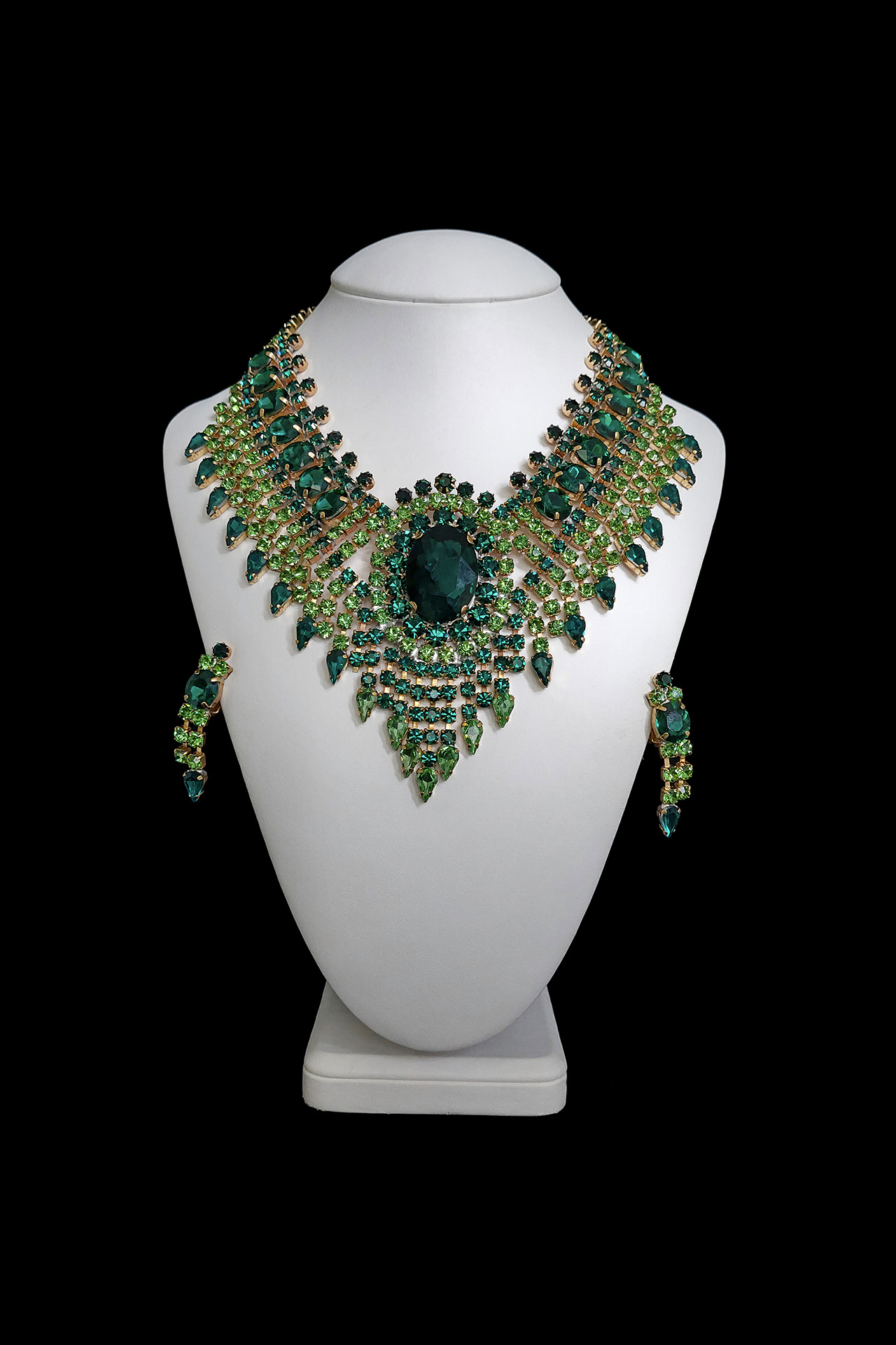 Green vintage necklace and earrings set God´s Eye